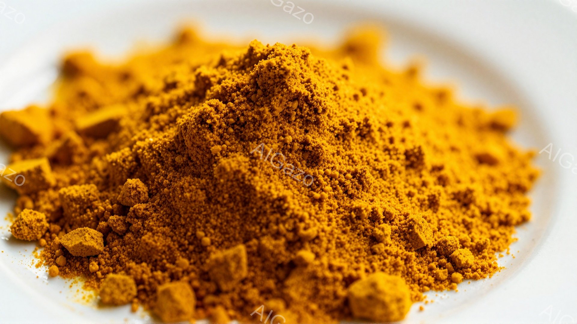 鮮やかなオレンジ色のパウダーが白い皿に山積みに広がっている。粉末は微細な粒子と小さな塊が混ざり合い、テクスチャが多様である。背景は白く均一で、パウダーの色を際立たせ、全体的に暖かく鮮やかな印象を与える - AI生成フリー素材
