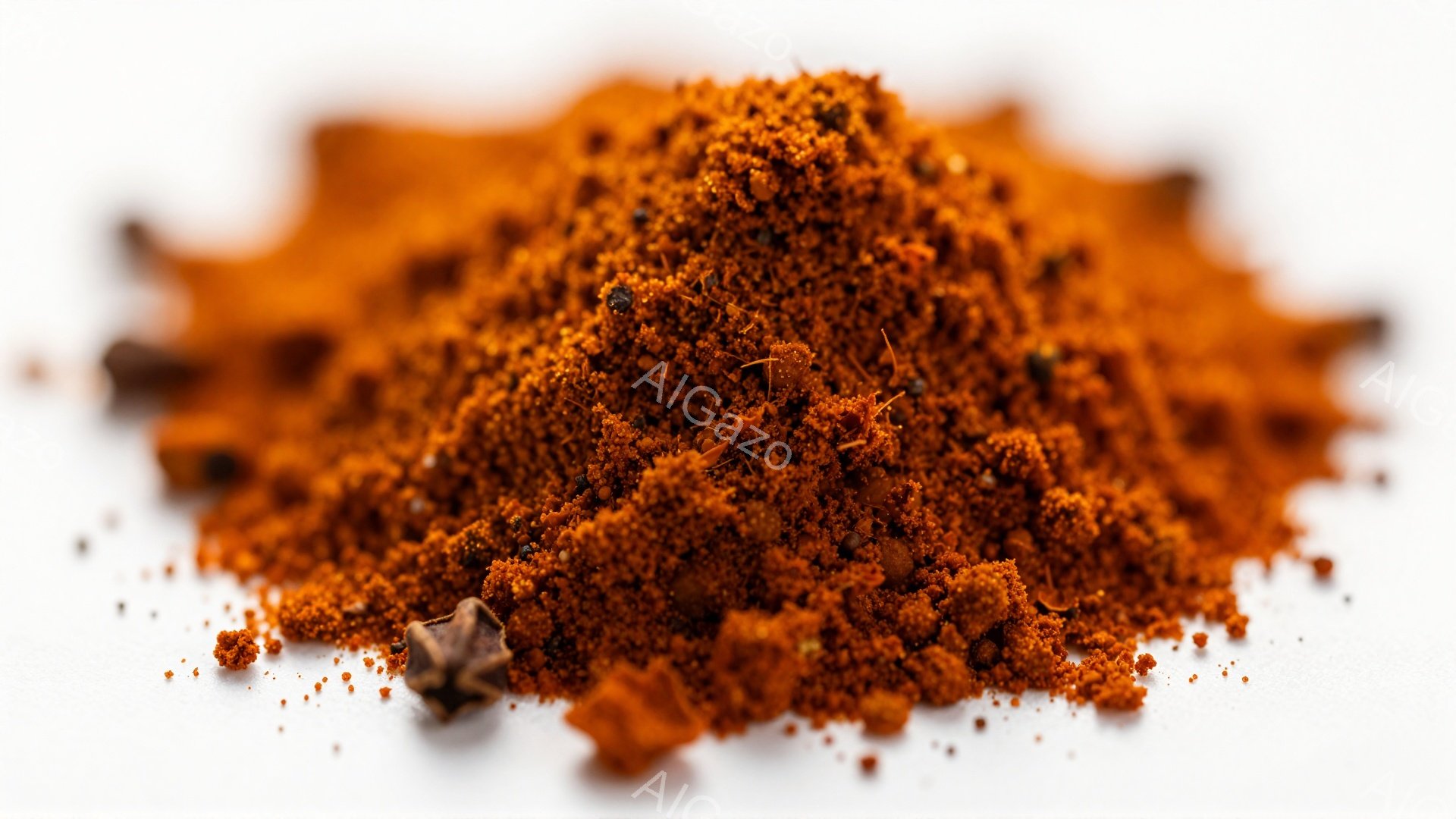 白い背景の上に、鮮やかなオレンジ色のスパイスパウダーが山のように積まれています。パウダーの中には、黒い粒状のスパイスが点在しており、食欲をそそる色合いと質感が特徴です。全体的に暖かく、料理に使われる香 - AI生成フリー素材