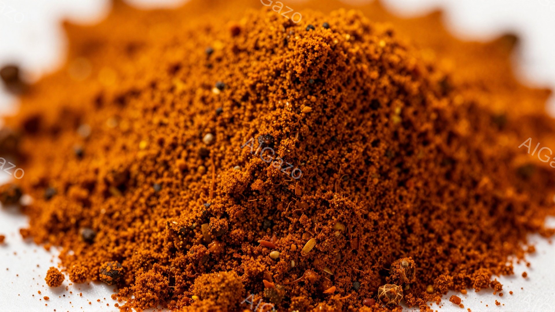 鮮やかなオレンジ色のスパイスの山が白い背景に広がっています。細かく砕かれた唐辛子や種、ハーブなどが混ざり合い、食欲をそそるテクスチャを作り出しています。全体的に暖かく、スパイシーな料理に使われるであろう、風味豊かな印象を与えます。