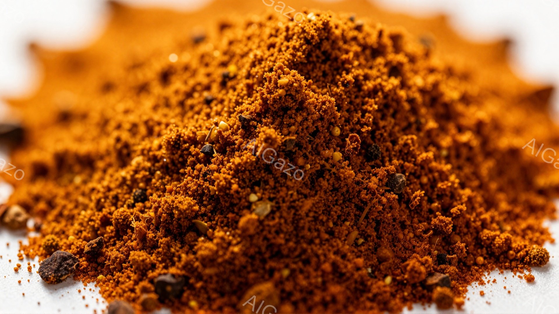白い背景に、赤褐色の粉末状の調味料が山積みに写っている。細かく砕かれた唐辛子やゴマ、その他のスパイスが混ざり合い、食欲をそそる色合いとテクスチャを形成している。全体的に、料理に風味と彩りを添えるための - AI生成フリー素材
