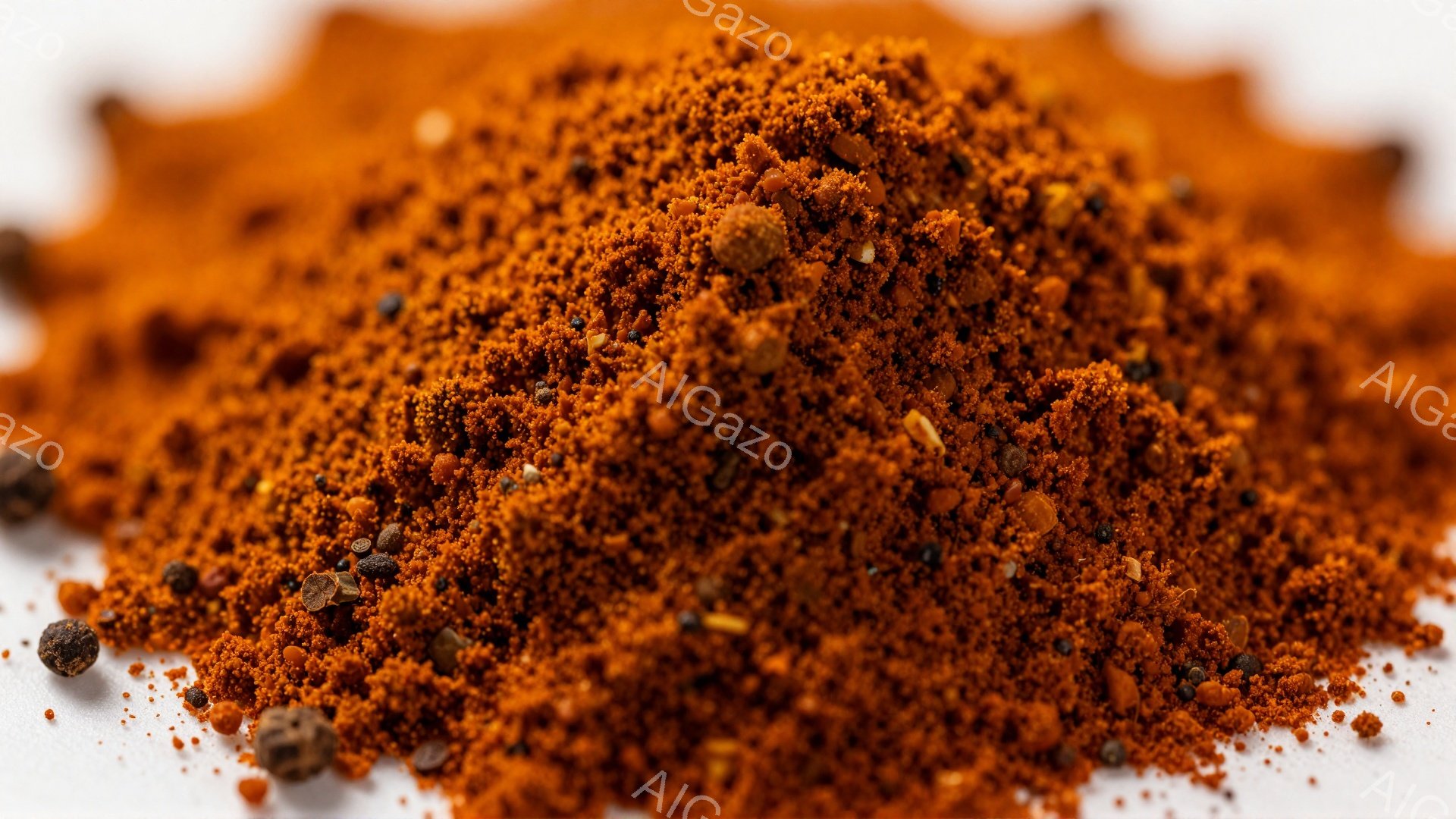 鮮やかなオレンジ色の粉末が白い背景に山積みになっている。粗い質感の中に黒い粒々や小さなオレンジ色のフレークが混ざり、スパイスや調味料のようである。全体的に暖かく食欲をそそる印象を与える。 - AI生成フリー素材