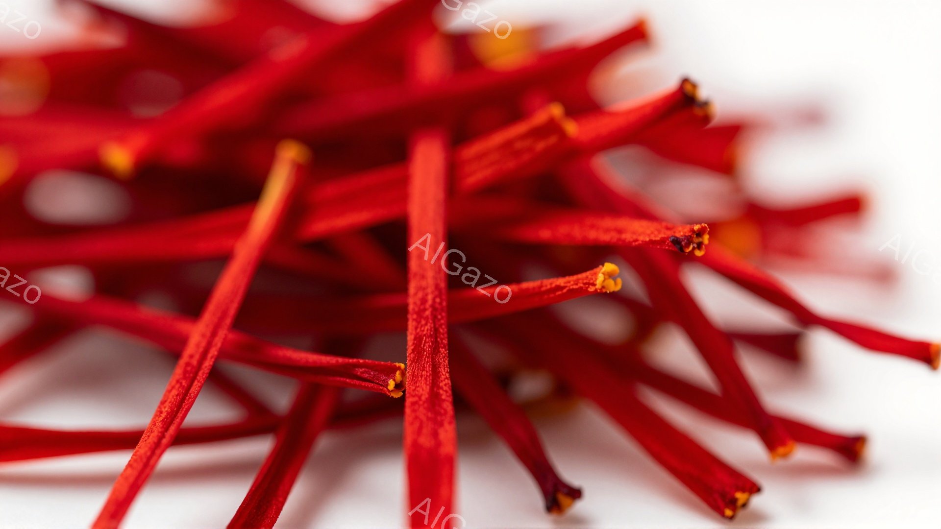 明るい白い背景に、サフランの雌しべが密集して写っている。鮮やかな赤色と、先端のオレンジ色が印象的で、細い糸のような形状が特徴的だ。全体的に暖かく、エキゾチックな雰囲気を醸し出している。