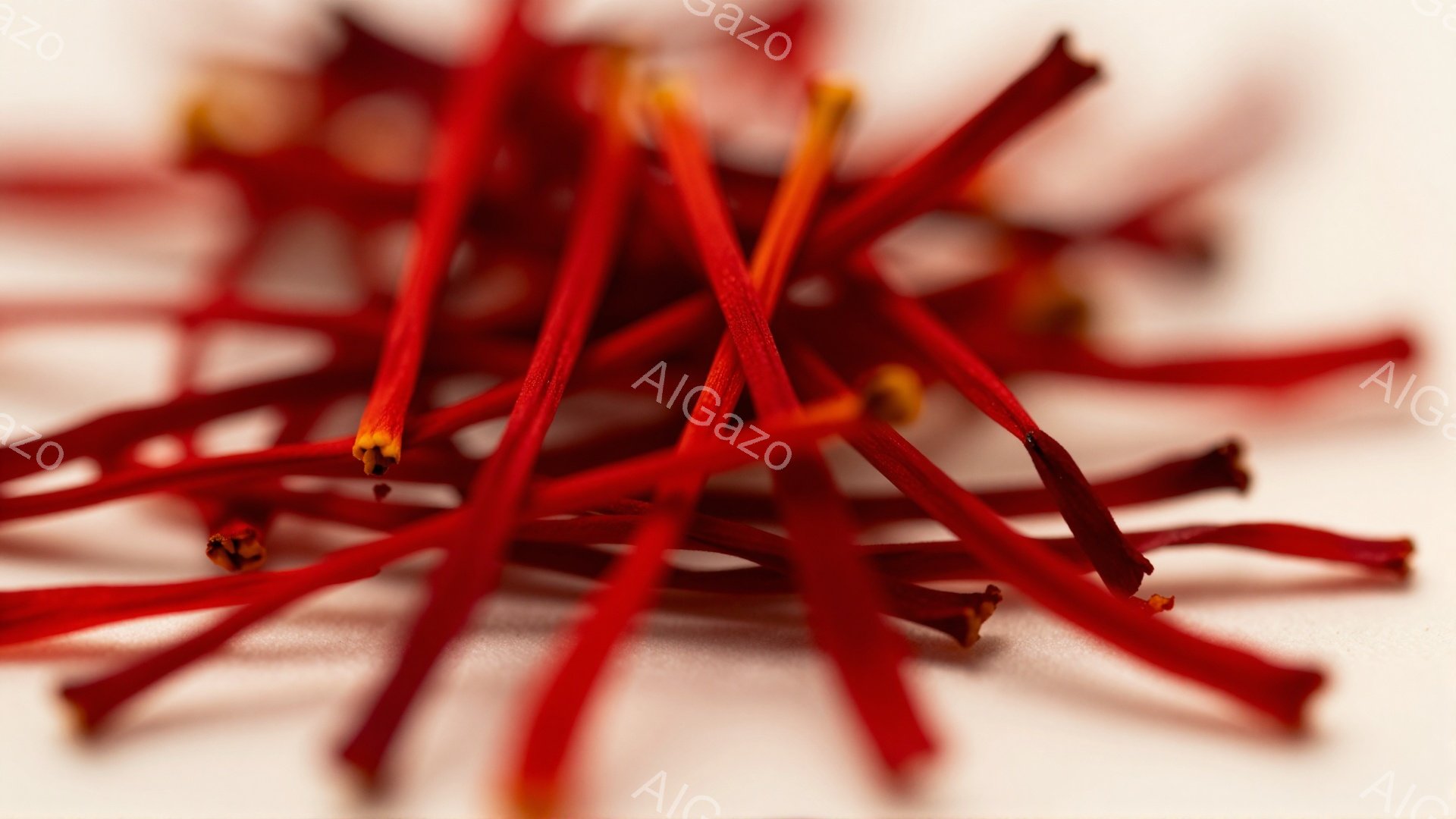 画像にはサフランの糸が乱雑に広がっている様子が捉えられています。鮮やかな赤色が特徴で、先端はわずかにオレンジ色を帯びています。背景は淡い色調で、サフランの鮮やかさを引き立てています。 - AI生成フリー素材