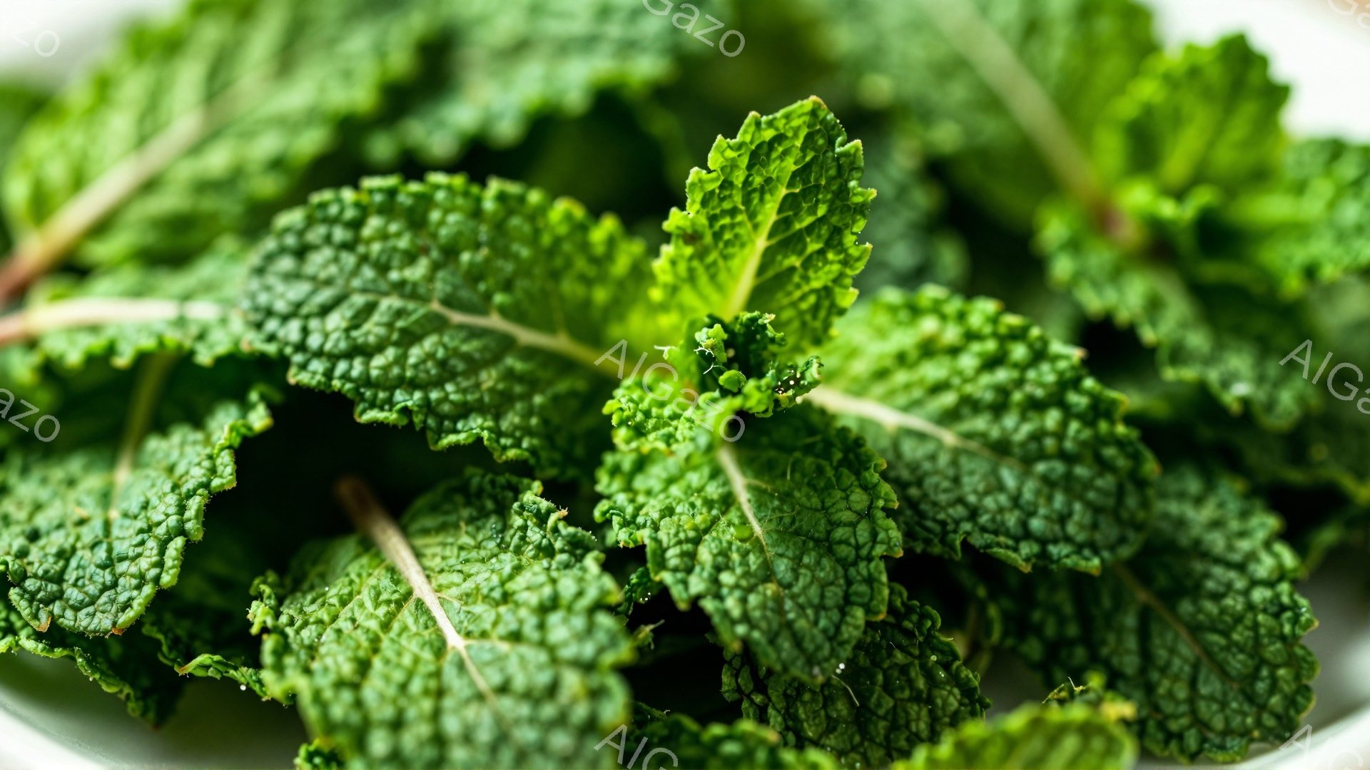 鮮やかな緑色のミントの葉が、画面いっぱいに広がっています。葉脈がはっきりとしており、表面に細かいシワが見られます。背景は白っぽく、ミントの葉の鮮やかさを際立たせています。