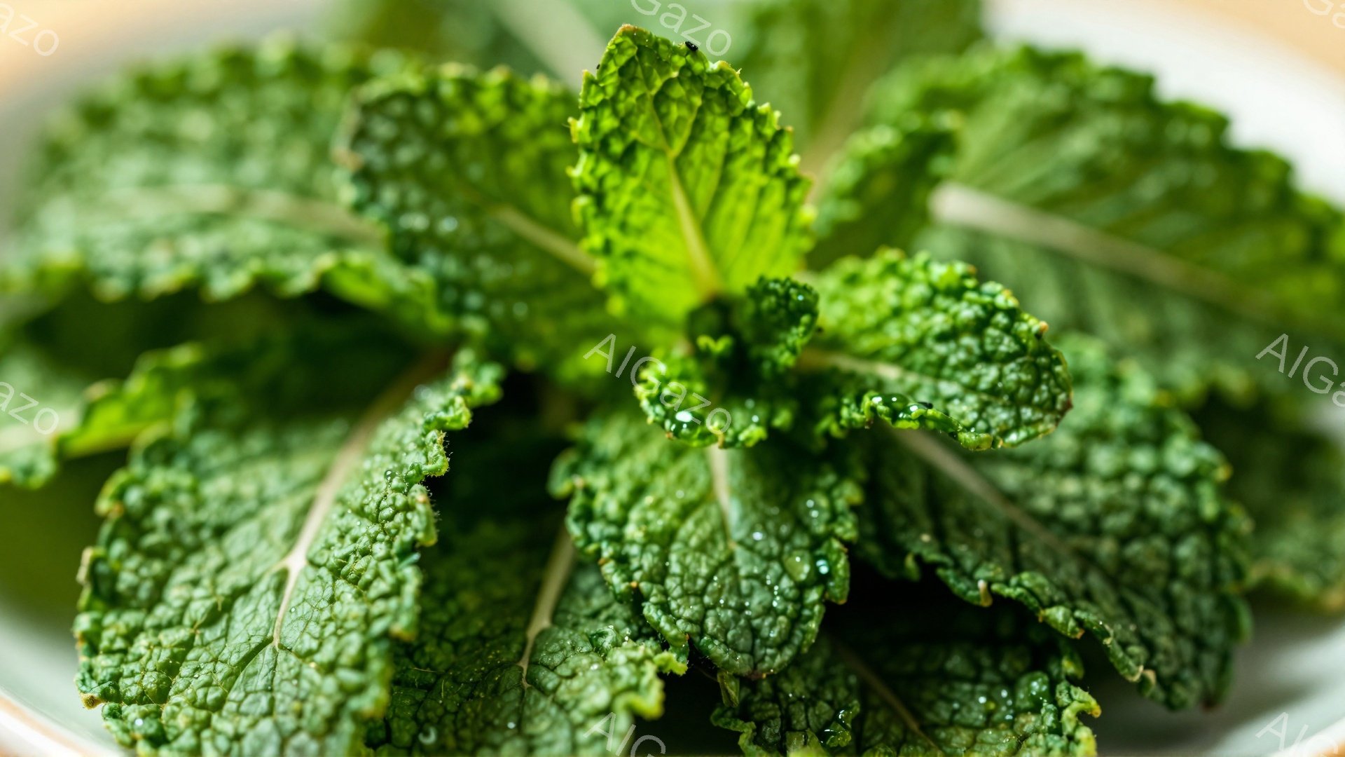 画像は、しっとりと水滴がついたケール（またはそれに似た葉物野菜）のクローズアップです。葉は濃い緑色で、葉脈がはっきりと見え、表面には細かい凹凸があります。背景はぼかされており、葉のテクスチャと鮮やかな色が際立っています。