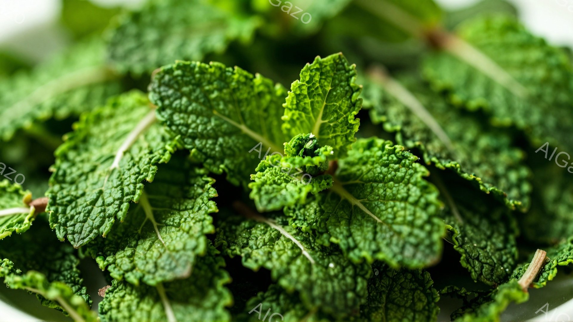 画像は、ミントの葉が密集して写っており、鮮やかな緑色が特徴的です。葉脈がはっきりと確認でき、表面には細かいシワや質感が表現されています。背景は白く、葉の鮮やかさを引き立てています。