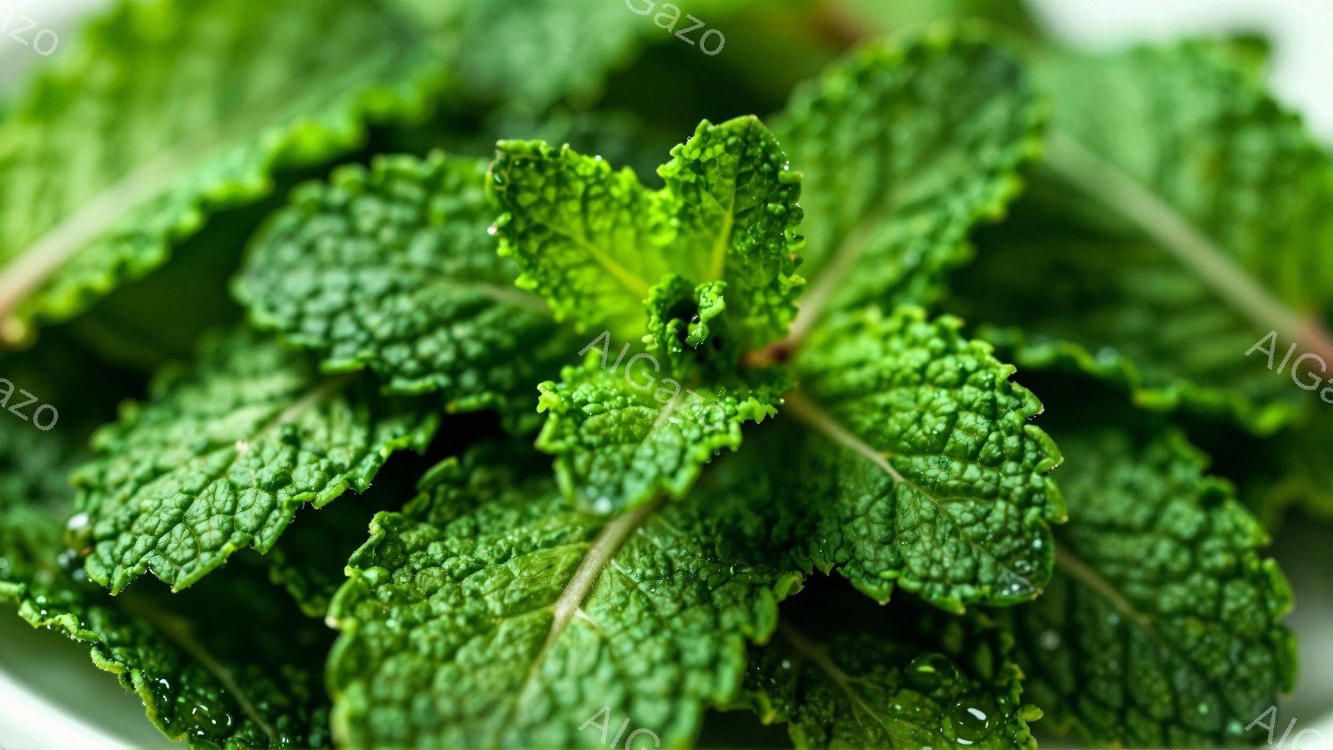 新鮮なミントの葉が、白い背景に密集して写っている。葉は鮮やかな緑色で、表面には小さな水滴が光り、瑞々しさを強調している。背景は白いため、ミントの緑色が際立ち、清涼感と自然な雰囲気を醸し出している。