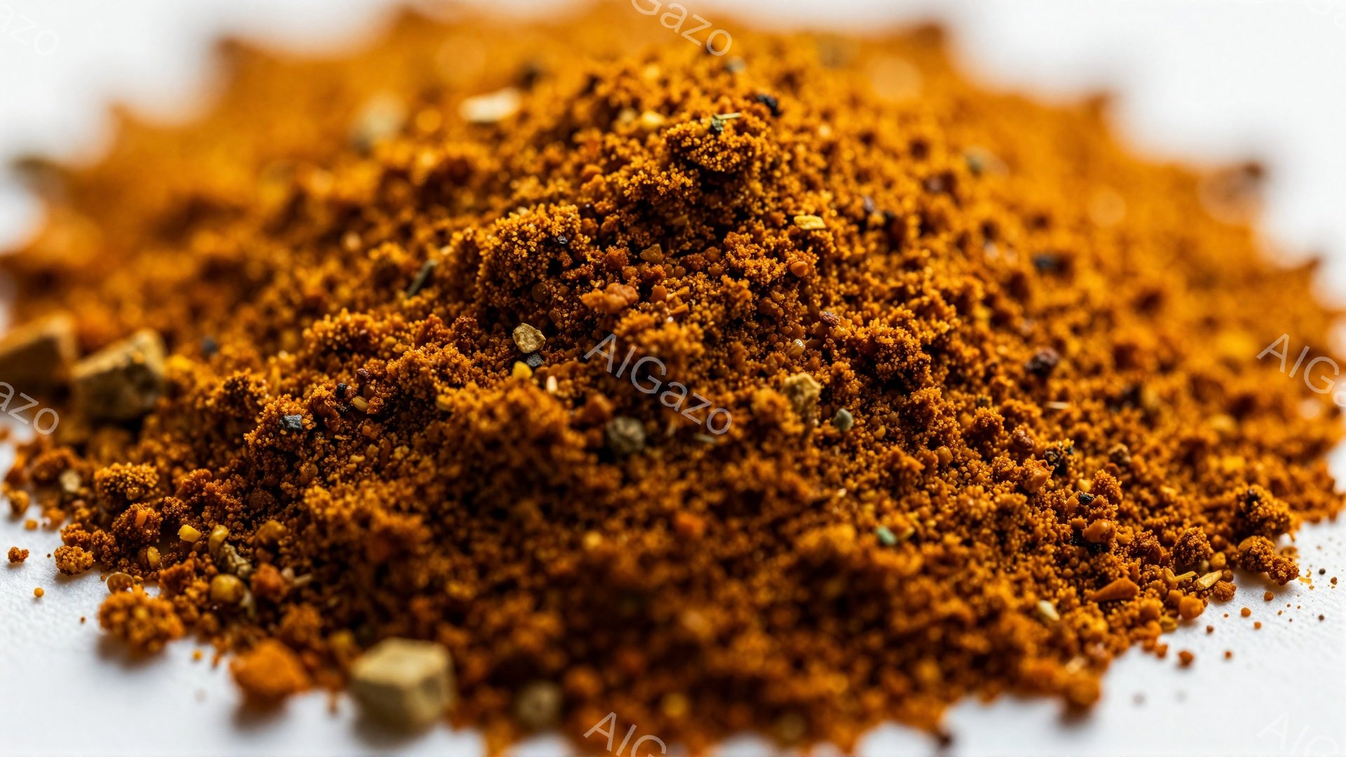 鮮やかなオレンジ色のスパイスの山が白背景に広がっており、細かい粒状のテクスチャと、時折見える緑色のハーブや茶色の小さな塊が確認できます。光が均一に当たり、スパイスの奥行きと複雑な色合いが強調されています。全体的に、料理に使われるハーブやスパイスのミックスのクローズアップ写真で、食欲をそそる暖かさを感じさせます。