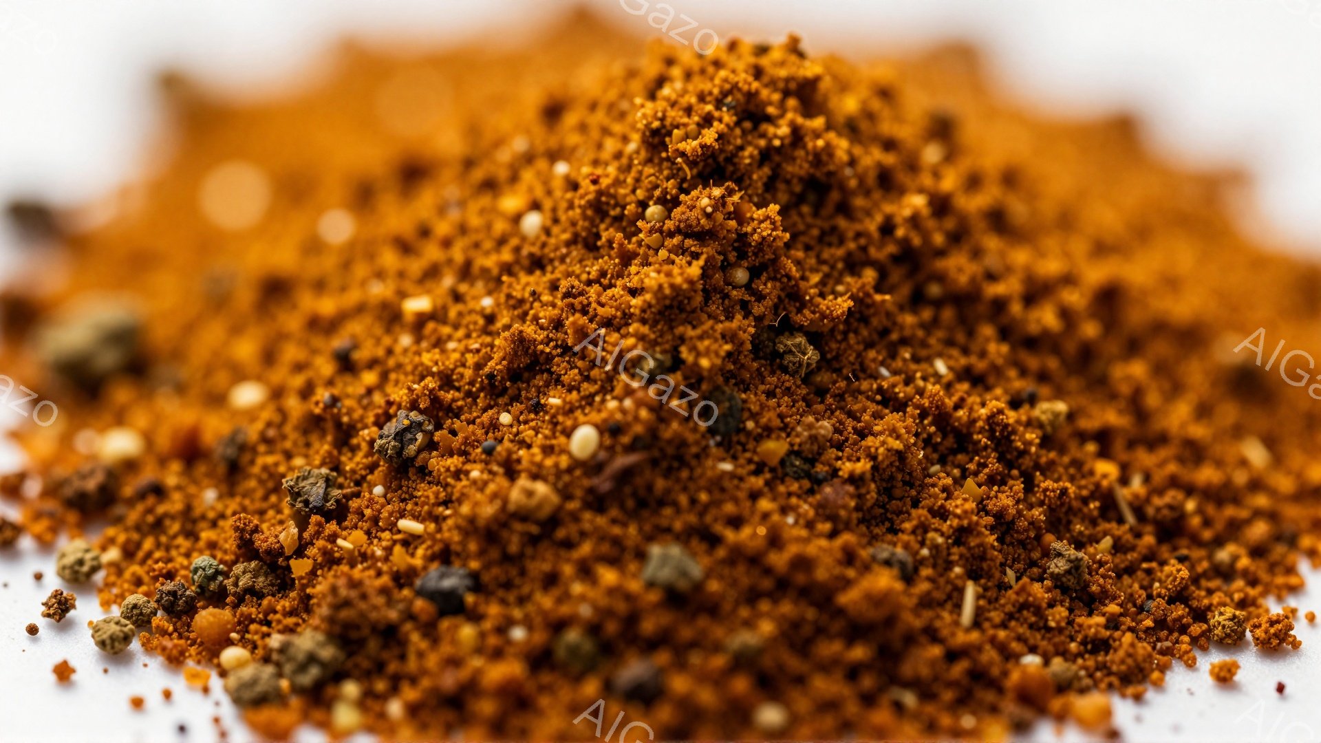 鮮やかなオレンジ色のスパイスの山が写っている。細かい粒状のものが多く、黒いゴマや小さな種子が散らばっており、テクスチャが豊かである。背景は白く、スパイスの色を際立たせ、食欲をそそる雰囲気を醸し出している。