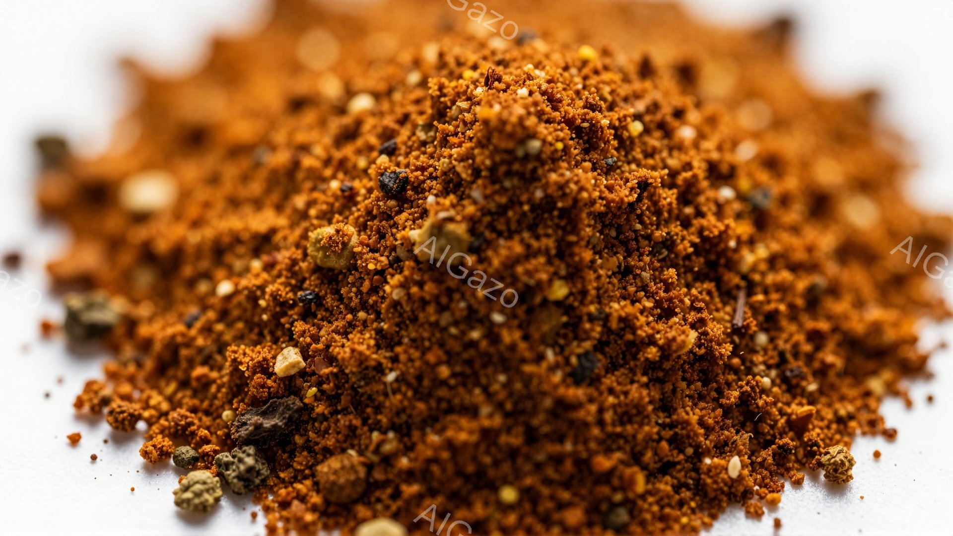 白い背景の上に、オレンジ色と茶色の粒状の混合物が山のように積み重なっています。小さな黒い粒と、より大きな茶色の塊が散りばめられており、スパイスやハーブの混合物である可能性を示唆しています。全体的に、鮮 - AI生成フリー素材