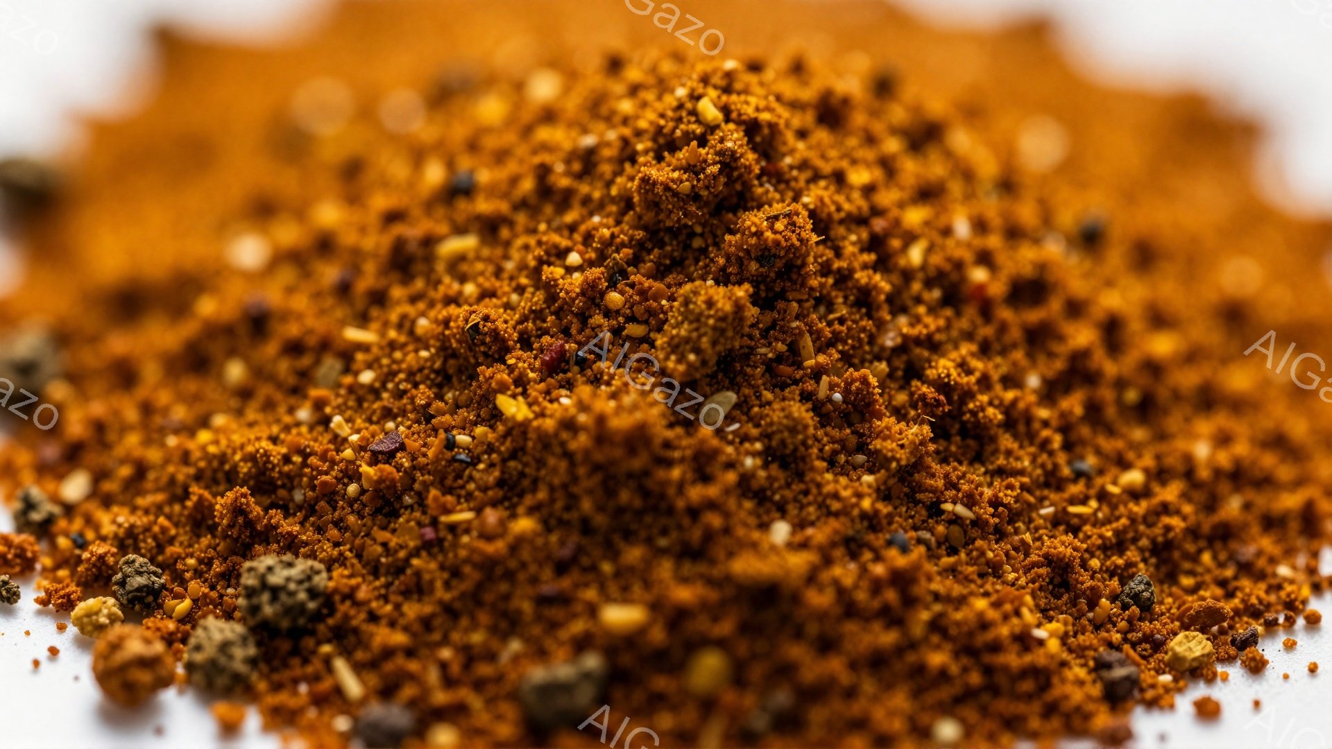 この画像は、様々なスパイスが混ざり合った、赤茶色の粉末のクローズアップです。細かく砕かれた唐辛子、種子、その他の調味料が混ざり合い、テクスチャ豊かな印象を与えます。全体的に暖かくスパイシーな雰囲気を感じさせ、料理の風味を想像させます。