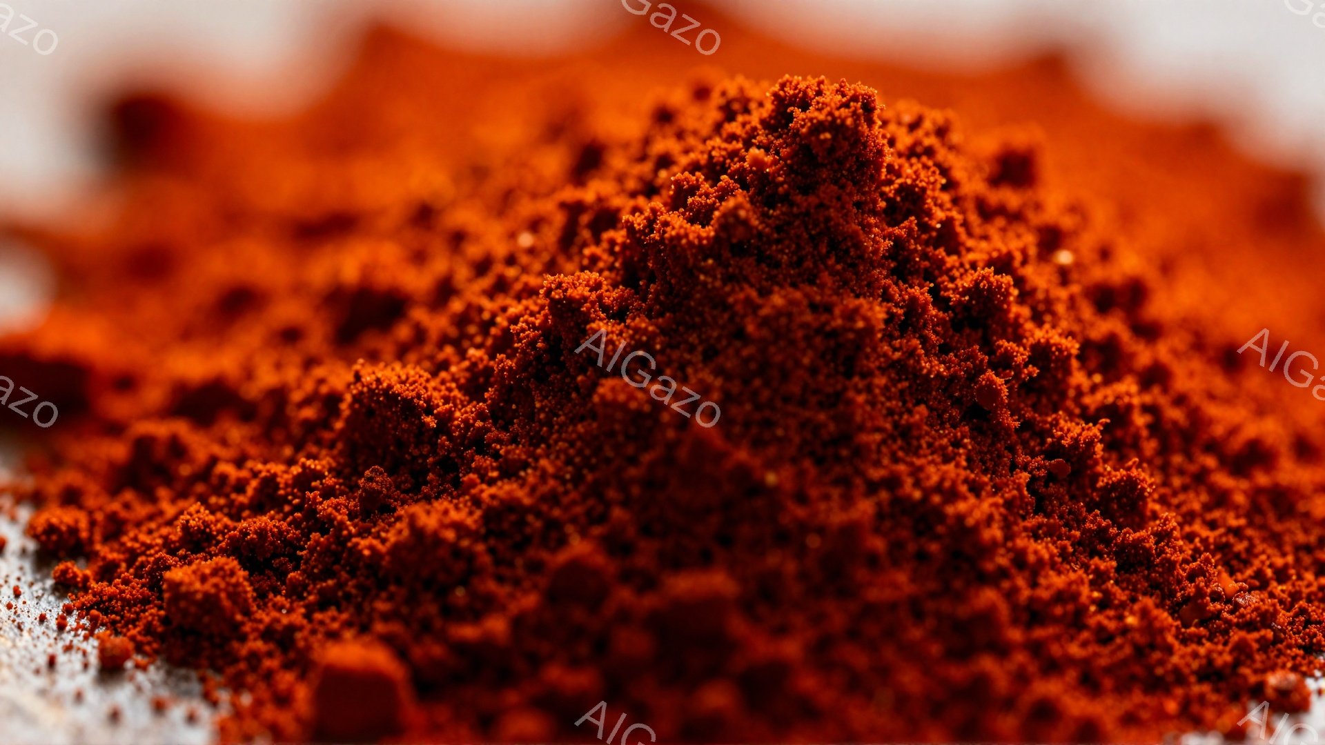 鮮やかな赤色のパウダーが画面いっぱいに広がっており、微細な粒子が密集して堆積している様子が特徴的です。背景は白く、パウダーの鮮やかさを際立たせています。全体として、テクスチャと色のコントラストが強く、視覚的に訴えかける一枚です。