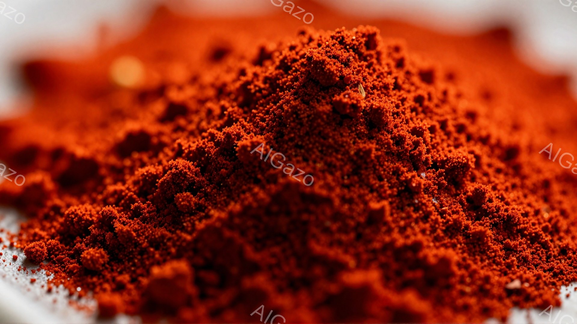 鮮やかな赤色のパウダーが画面全体を覆っており、まるでスパイスや顔料のようである。微細な粒子が密集し、テクスチャの凹凸がわずかに確認できる。背景は淡いグレーで、パウダーの鮮やかさを引き立てている。