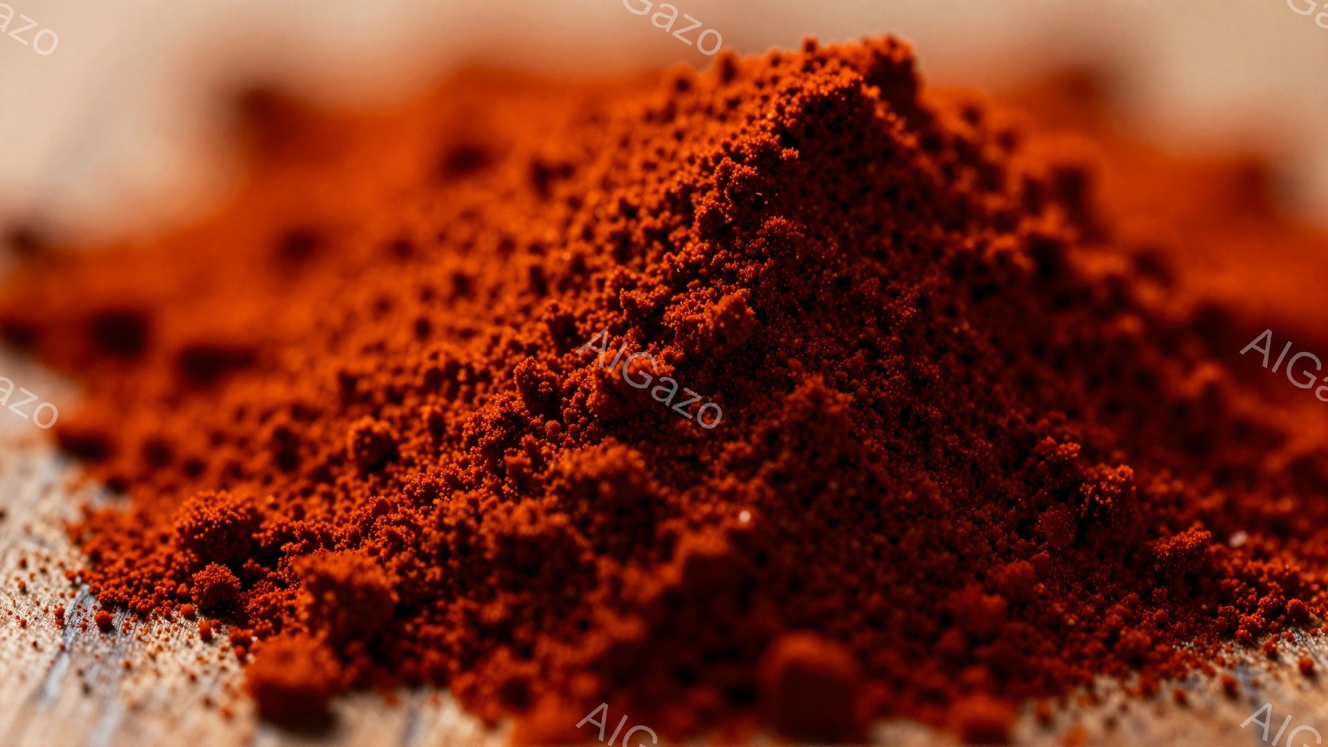 鮮やかな赤褐色の粉末が、木目調の背景に山積みに広がっている。微細な粒子の質感と、光の当たり具合から、まるで鉱物やスパイスのようにも見える。全体的に暖かく、落ち着いた雰囲気を醸し出している。 - AI生成フリー素材