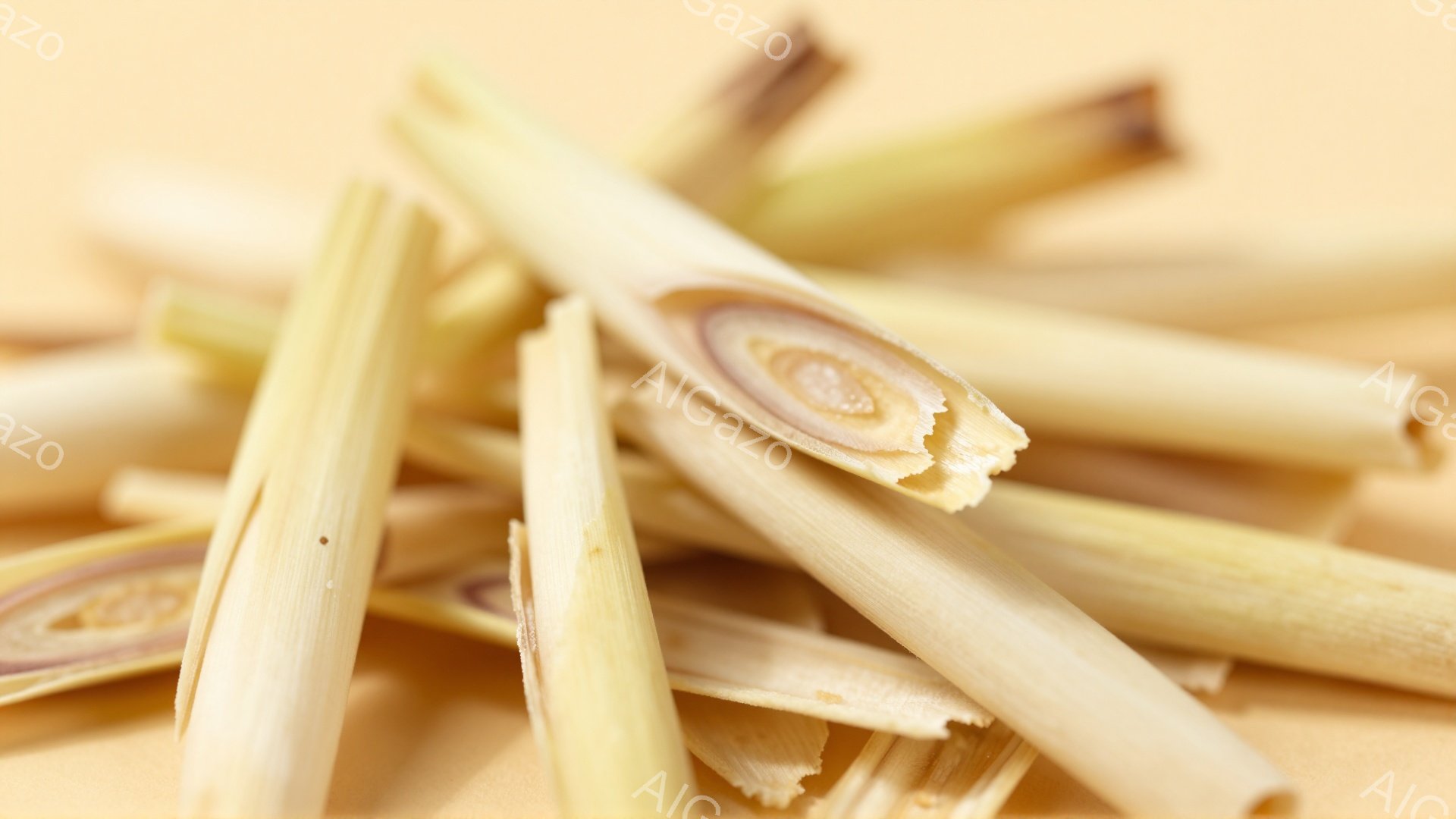 画像には、レモングラスの茎が複数、淡い黄色い背景の上に散らばっている様子が写っています。茎は細長く、表面はわずかに繊維質で、切断面からは中心部が確認できます。全体的に明るく、自然な雰囲気で、料理やハーブとしての利用を連想させます。