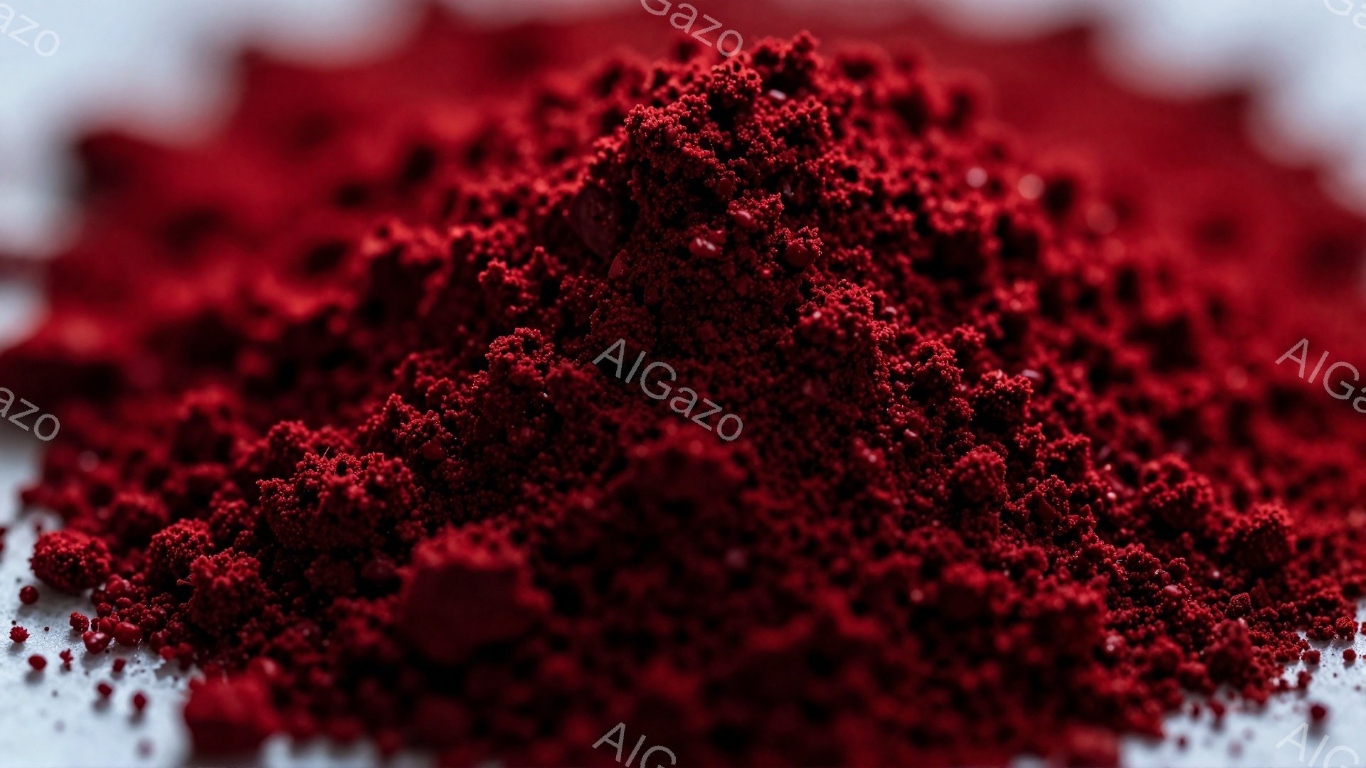 深い赤色の粉末が白い背景に山積みになっています。粒子は細かく、光沢があり、ベルベットのような質感に見えます。全体的に、鮮やかで強烈な印象を与える画像です。