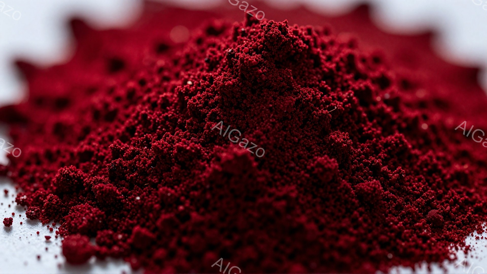 深紅色の微粒子が白い背景に散らばり、まるで乾燥した花びらのようにも見えるテクスチャを形成している。粒子は細かく、光沢がなく、全体として落ち着いた、少し神秘的な雰囲気を醸し出している。背景は均一な白で、粒子そのものを際立たせており、素材の質感と色彩に集中させている。