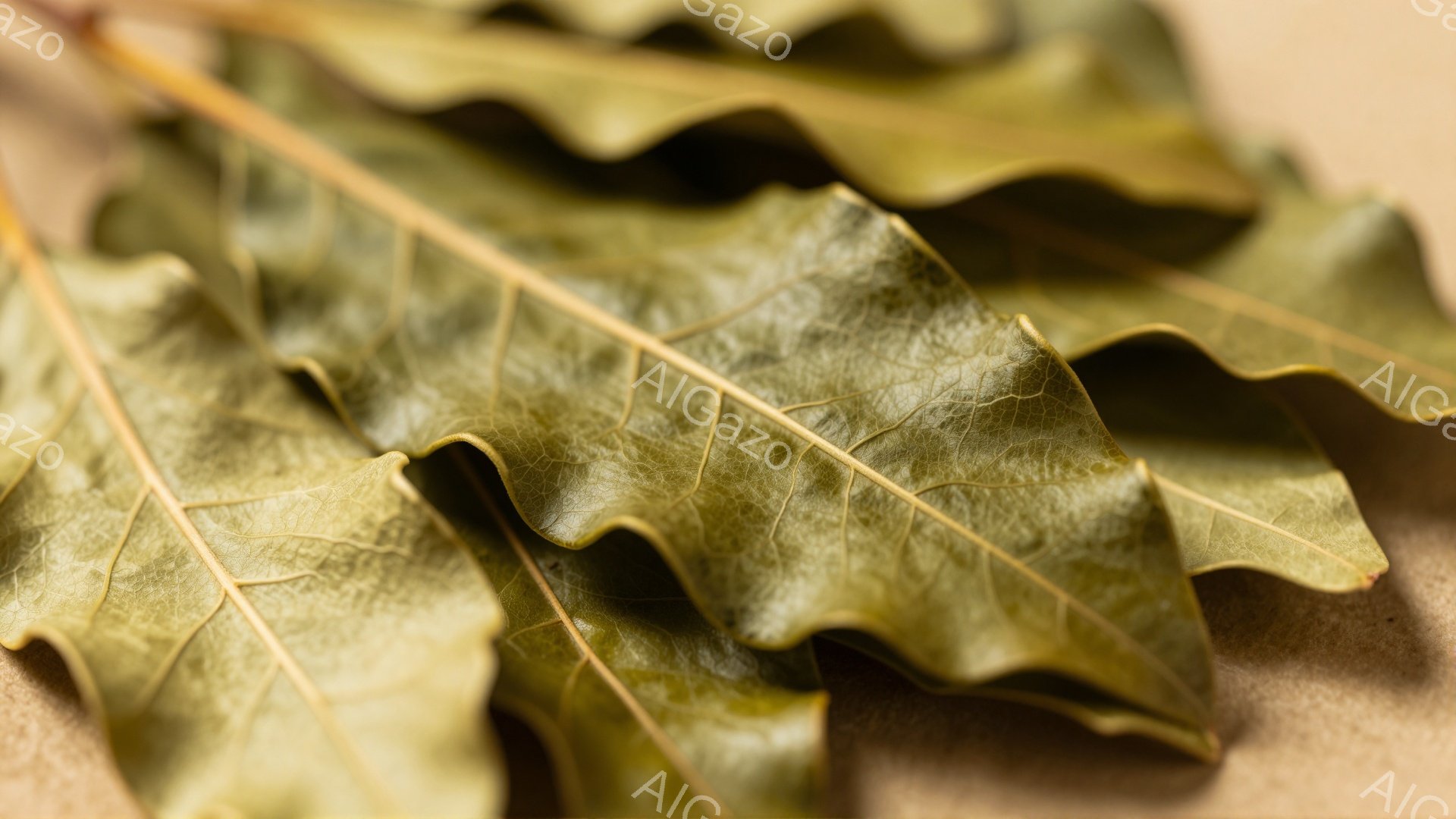 画像は、乾燥したローリエの葉が何枚か重なり合ったクローズアップ写真です。葉はオリーブグリーンから茶色がかった色合いで、表面には細かい葉脈が刻まれています。背景はぼやけた淡いベージュ色で、葉の自然な質感 - AI生成フリー素材