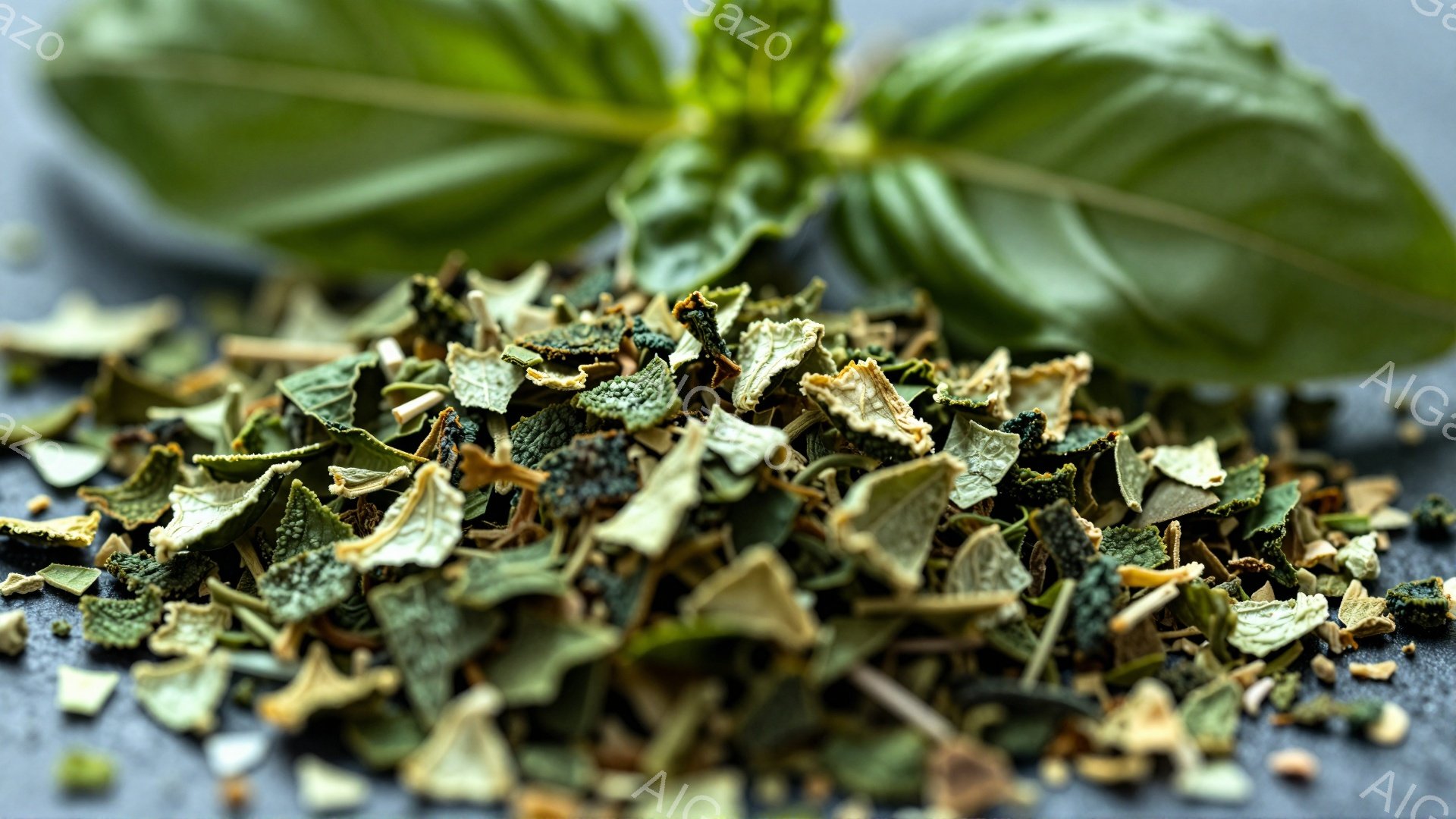 灰色の背景に乾燥ハーブが散らばり、鮮やかな緑色のバジルが数枚、その上に置かれています。乾燥ハーブはさまざまな緑色と茶色の色合いで、葉の細かい破片のように見えます。 全体的に、自然でオーガニックな雰囲気があり、料理やハーブの調味料を連想させます。