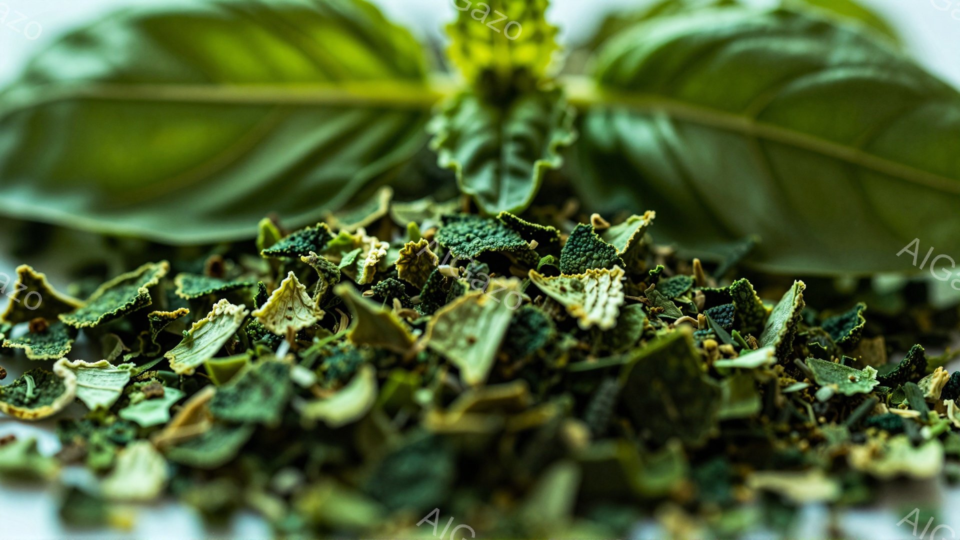 乾燥させた緑色の葉っぱが積み重なっており、光沢のある濃い緑から薄い茶色へとグラデーションがかかっている。葉の形は不規則で、端がギザギザしており、テクスチャが際立っている。背景は白く、葉の鮮やかな色合い - AI生成フリー素材