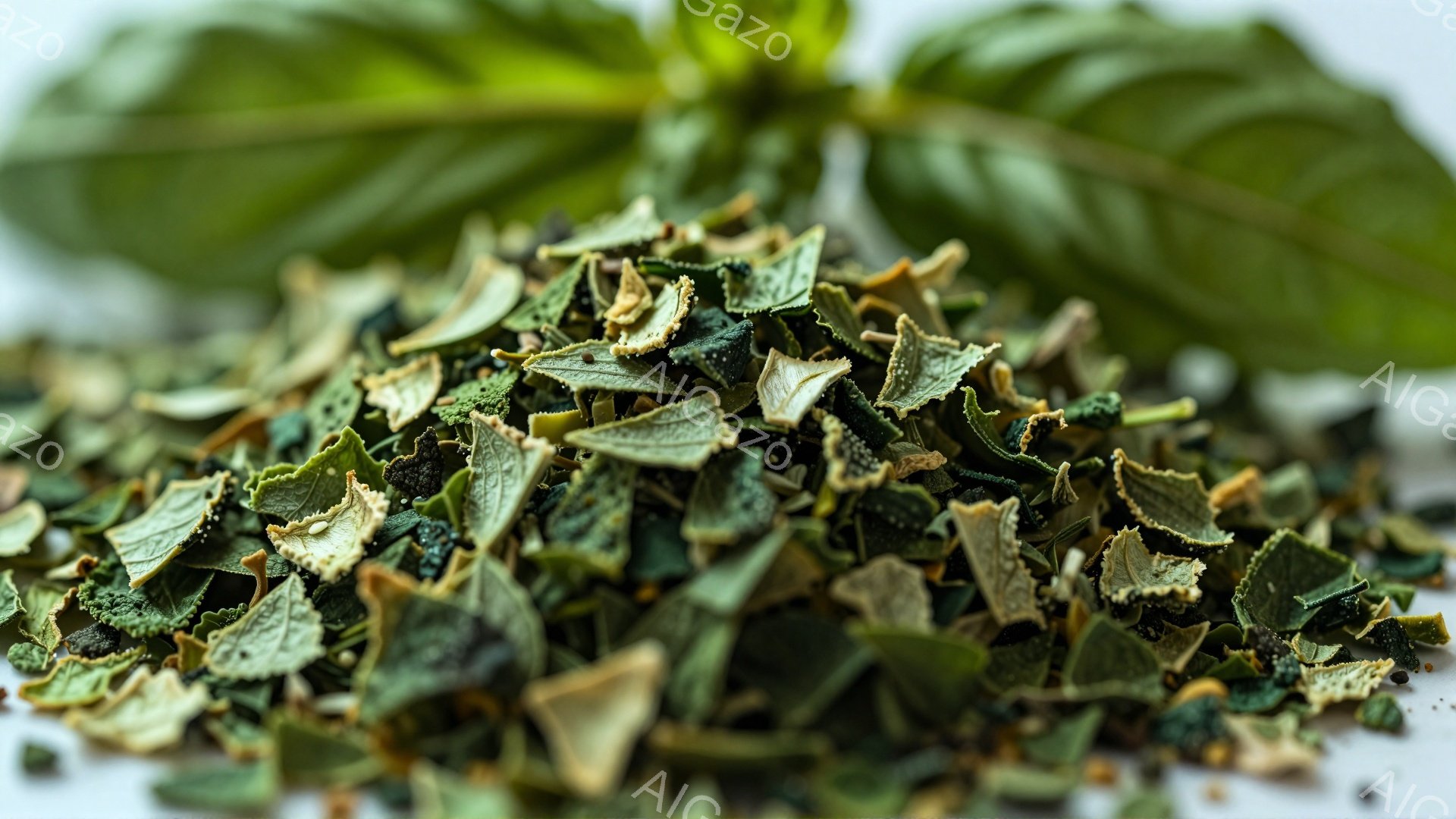 白い背景の上に乾燥させた緑色の葉の破片が散らばっています。葉は様々な濃さの緑色と茶色をしており、縁はわずかにカールしています。全体的に、乾燥ハーブやスパイスのクローズアップ写真のようであり、自然で素朴な雰囲気を醸し出しています。