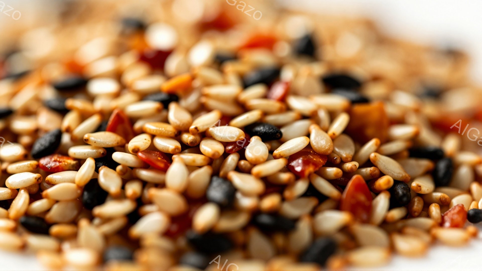 白い背景に、黒、白、赤色の様々な種類の種が密集して写っています。それぞれの種は小さく、独特の形と色合いを持ち、全体としてテクスチャ豊かで複雑な模様を作り出しています。光沢のある表面が微かに捉えられ、食 - AI生成フリー素材