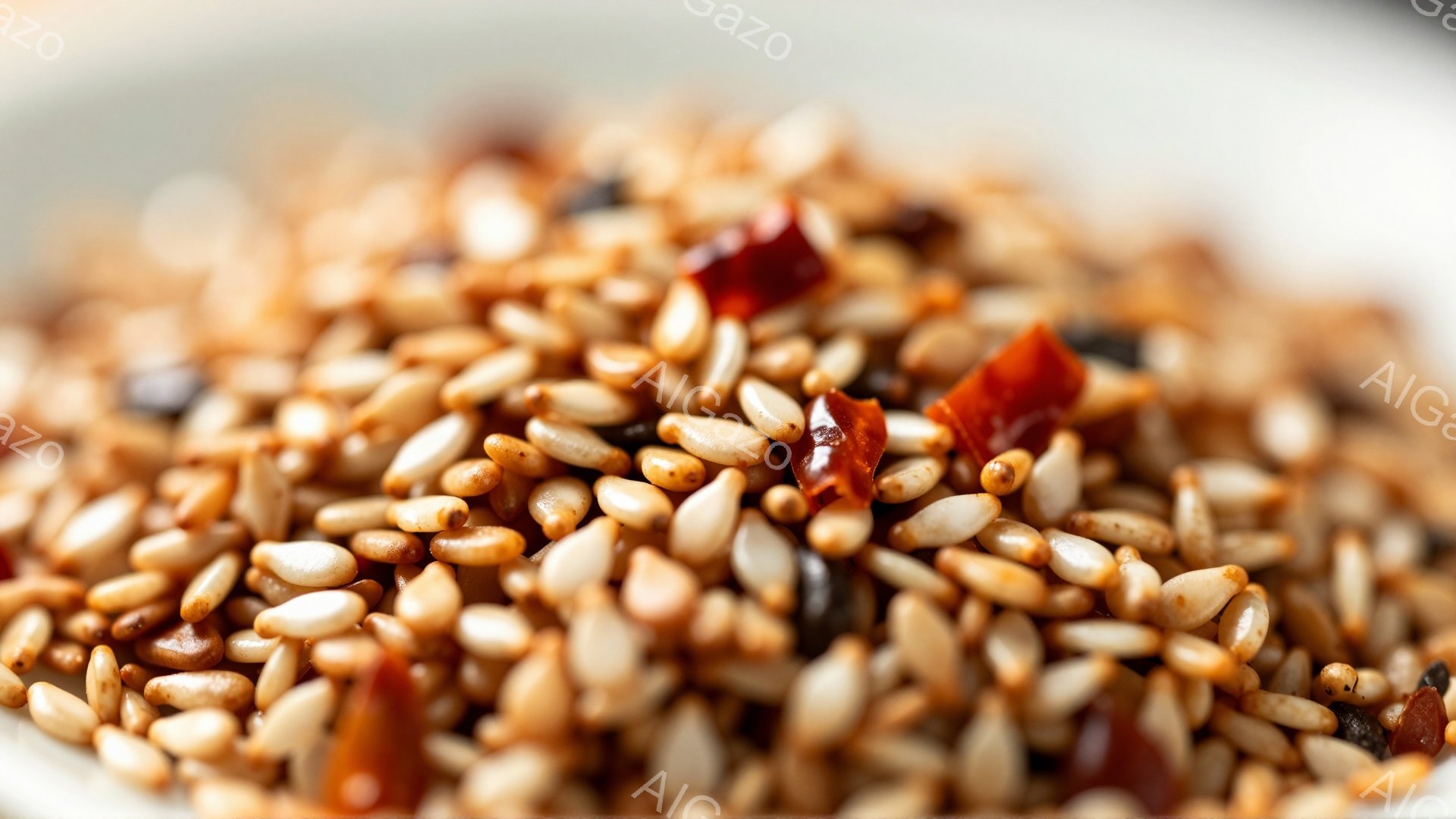 焙煎されたごま、亜麻仁、そして乾燥唐辛子が混ざり合った様子がクローズアップで捉えられています。茶色や黒、わずかな赤色が混ざり合い、食欲をそそるテクスチャを作り出しています。背景はぼやけており、焦点はこれらの種子と唐辛子に集中しています。