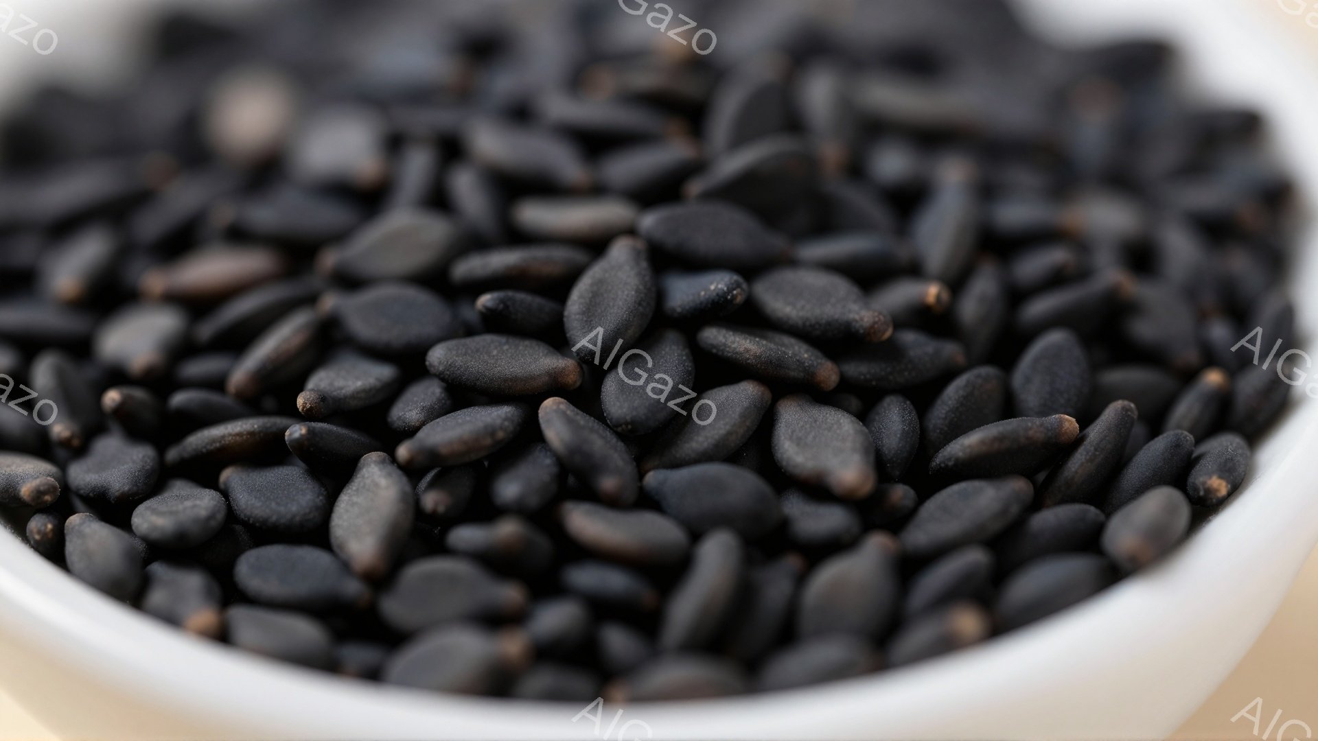 白い器の中に黒ごまがぎっしりと詰まっています。ごまは小さく、黒く、わずかに光沢があり、全体的に暗く落ち着いた印象を与えます。背景はぼやけており、ごまの色と質感が際立っています。