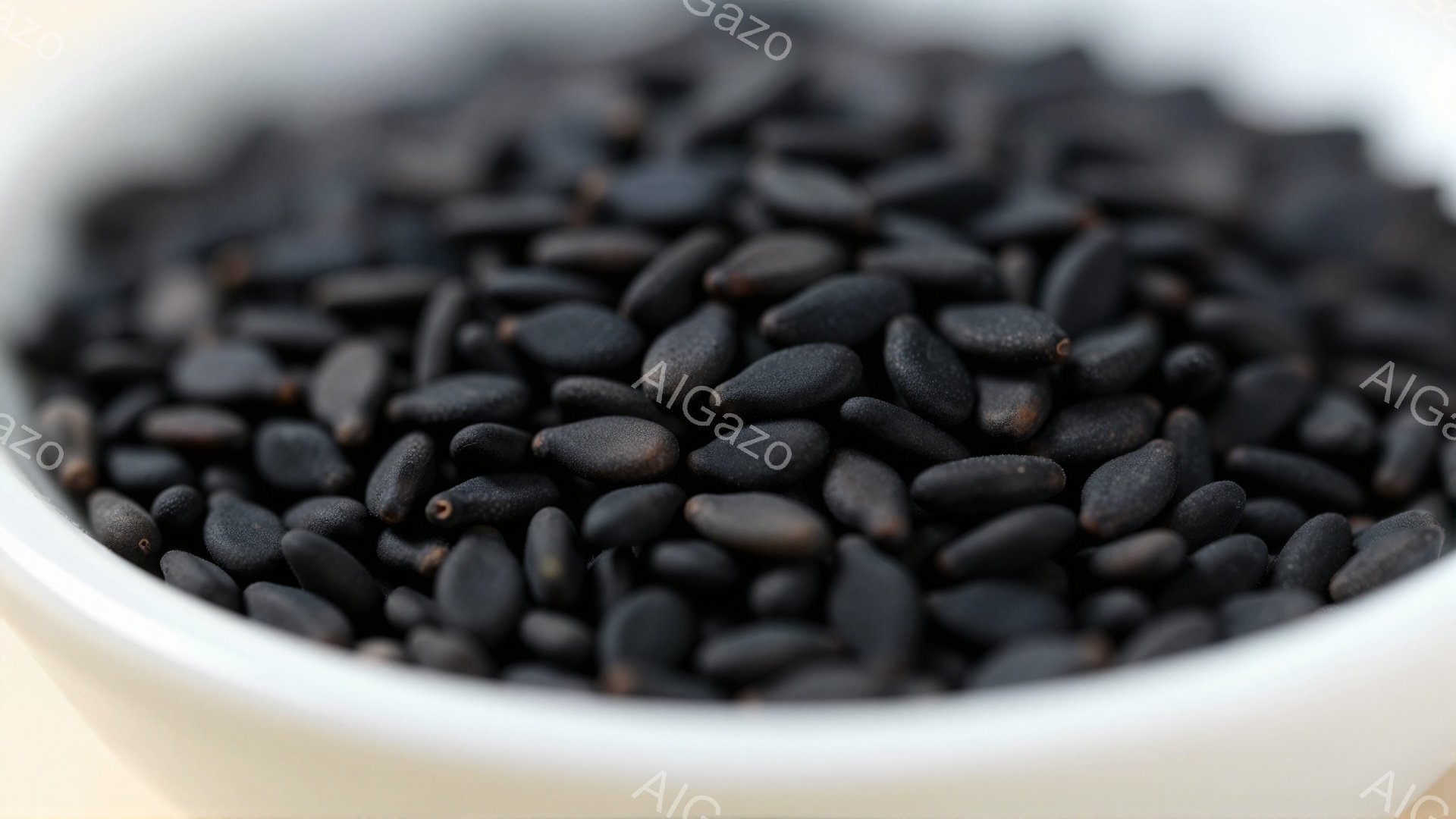 白い容器の中に黒ごまがたっぷり詰まっています。黒ごまは粒が小さく、つややかな黒色をしており、規則的に並んでいるように見えます。全体的に、シンプルで自然な食材の美しさを強調した、落ち着いた雰囲気の画像です。