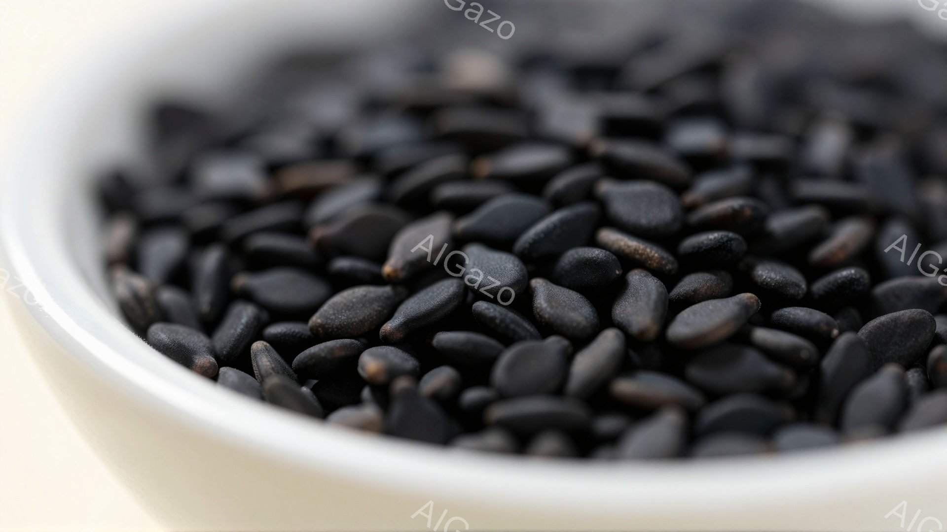 白い器の中に黒ごまがたっぷり詰まっている写真です。黒ごまは小さく、粒々としていて、光沢があり、密集して並んでいます。背景はぼやけており、黒ごまが主役になっているクローズアップ写真です。