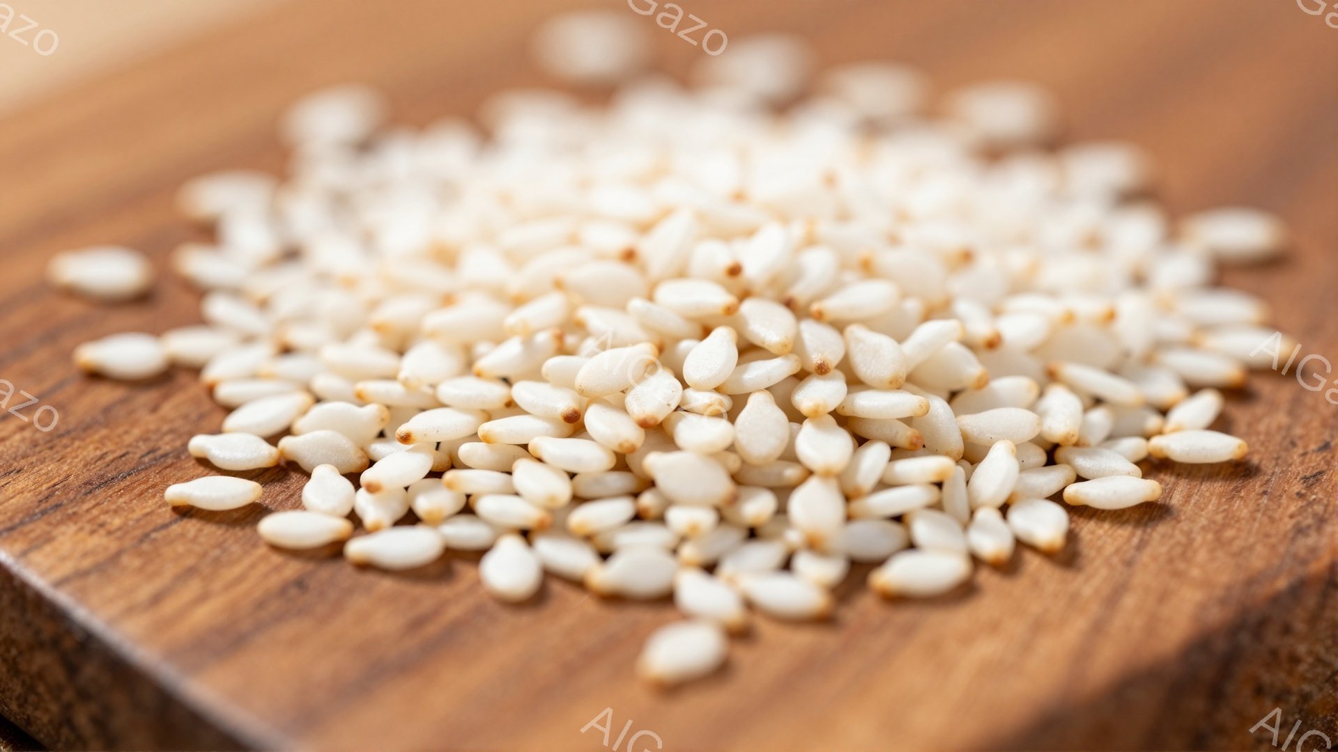 白いごまが、濃い木製の板の上に散らばっている。ごまは小さく、わずかに茶色がかった色合いで、表面にわずかな光沢がある。背景は木目が見える板で、暖かく素朴な雰囲気を作り出している。 - AI生成フリー素材