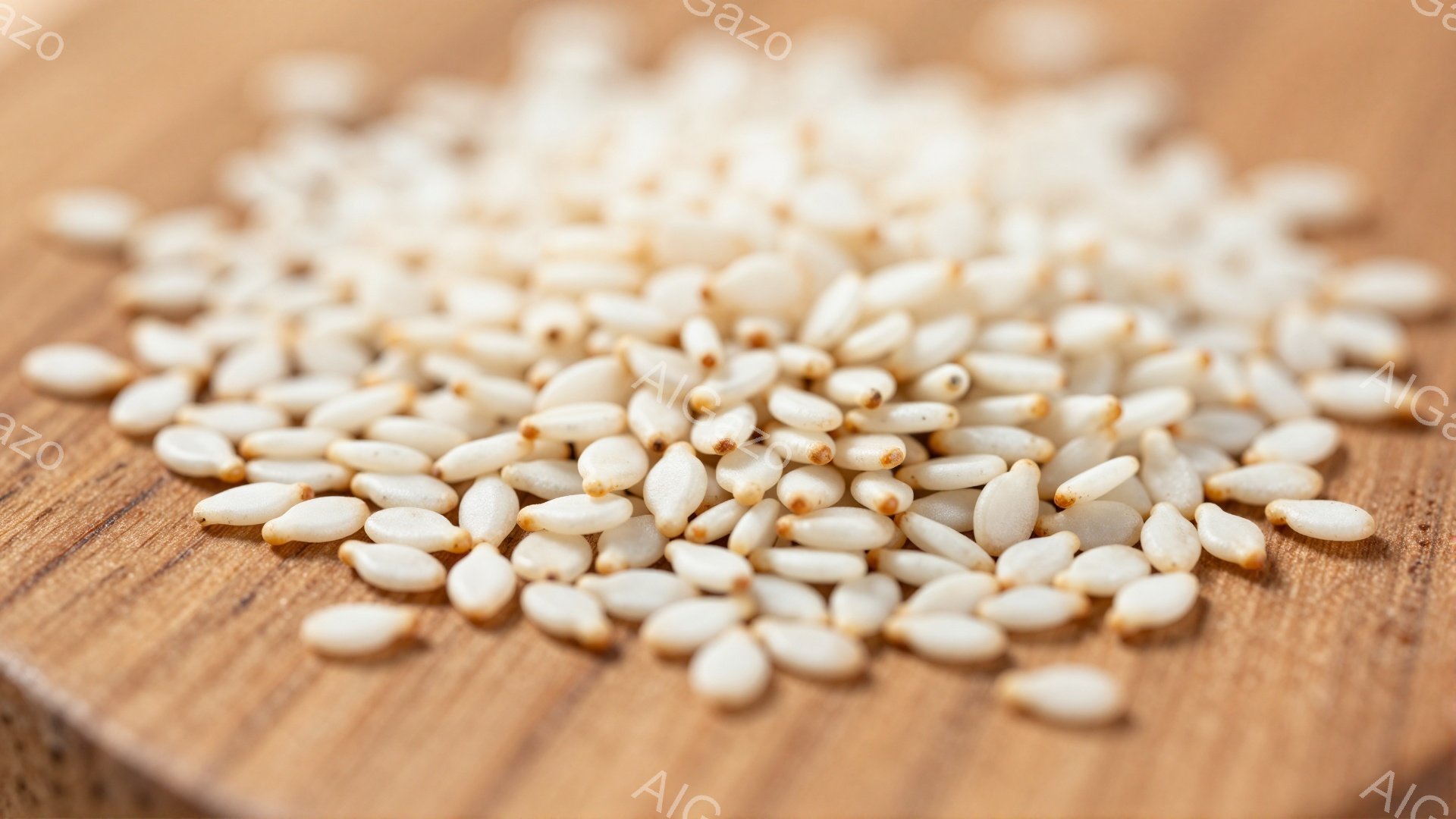 白いごまが木製の板の上にくっきりと広がっています。ごまは一つ一つが小さく、わずかに茶色っぽい色合いで、表面には微かな光沢が見られます。背景の木目は暖かく、ごまの自然な色合いと見事に調和し、シンプルなが - AI生成フリー素材