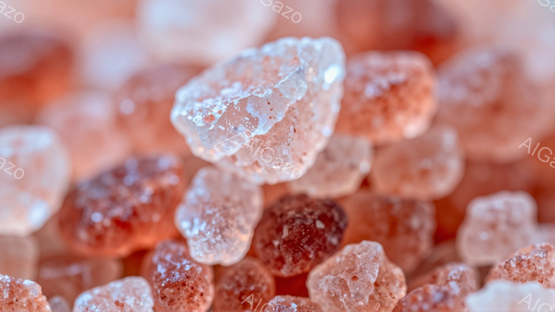 鮮やかなピンク色の岩塩の結晶が、画面いっぱいにぎっしりと詰まっています。結晶は様々な大きさや形をしており、光を反射してキラキラと輝いています。全体的に暖かく、穏やかな雰囲気を醸し出しています。