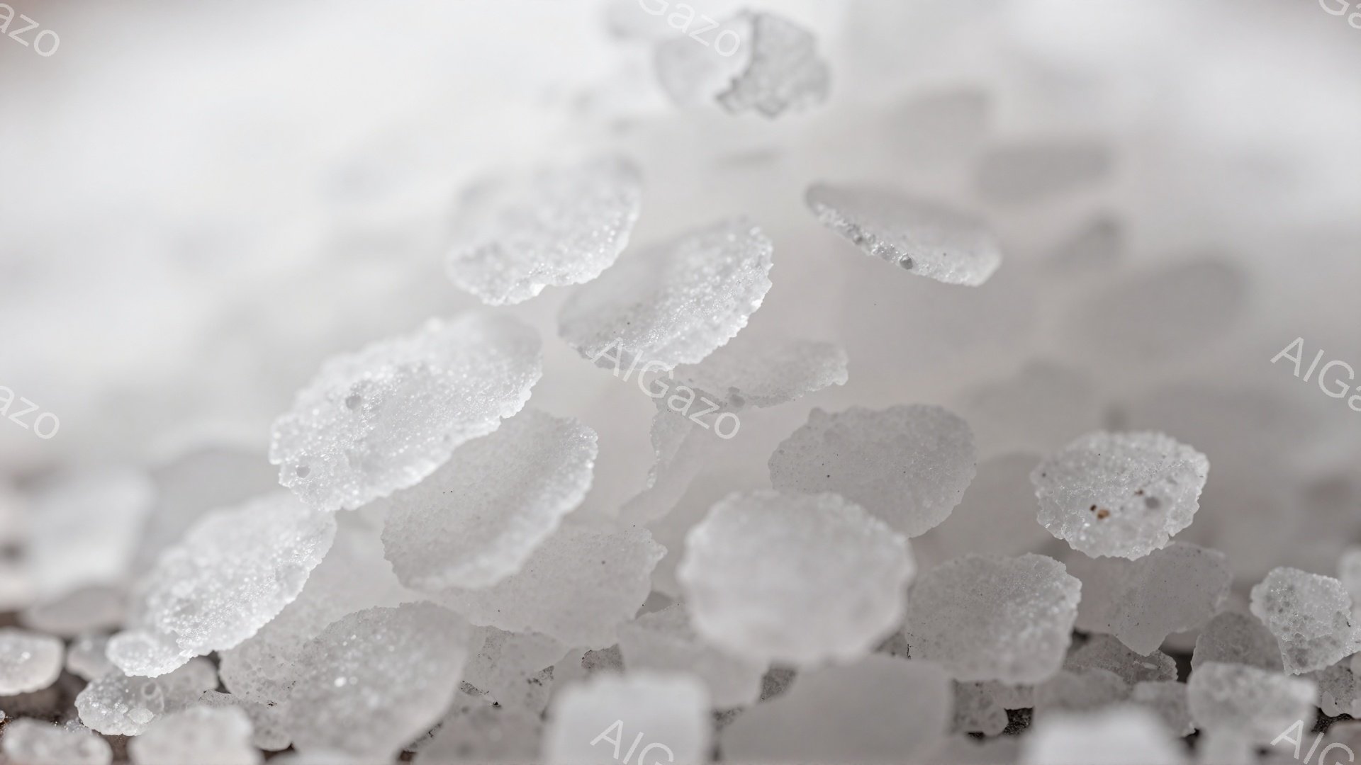 画像は、白い結晶状の物質が密集して写っているクローズアップ写真です。光が透過し、それぞれの結晶の縁がわずかに影を落としており、キラキラとした輝きを放っています。背景はぼやけており、物質そのものの質感と - AI生成フリー素材