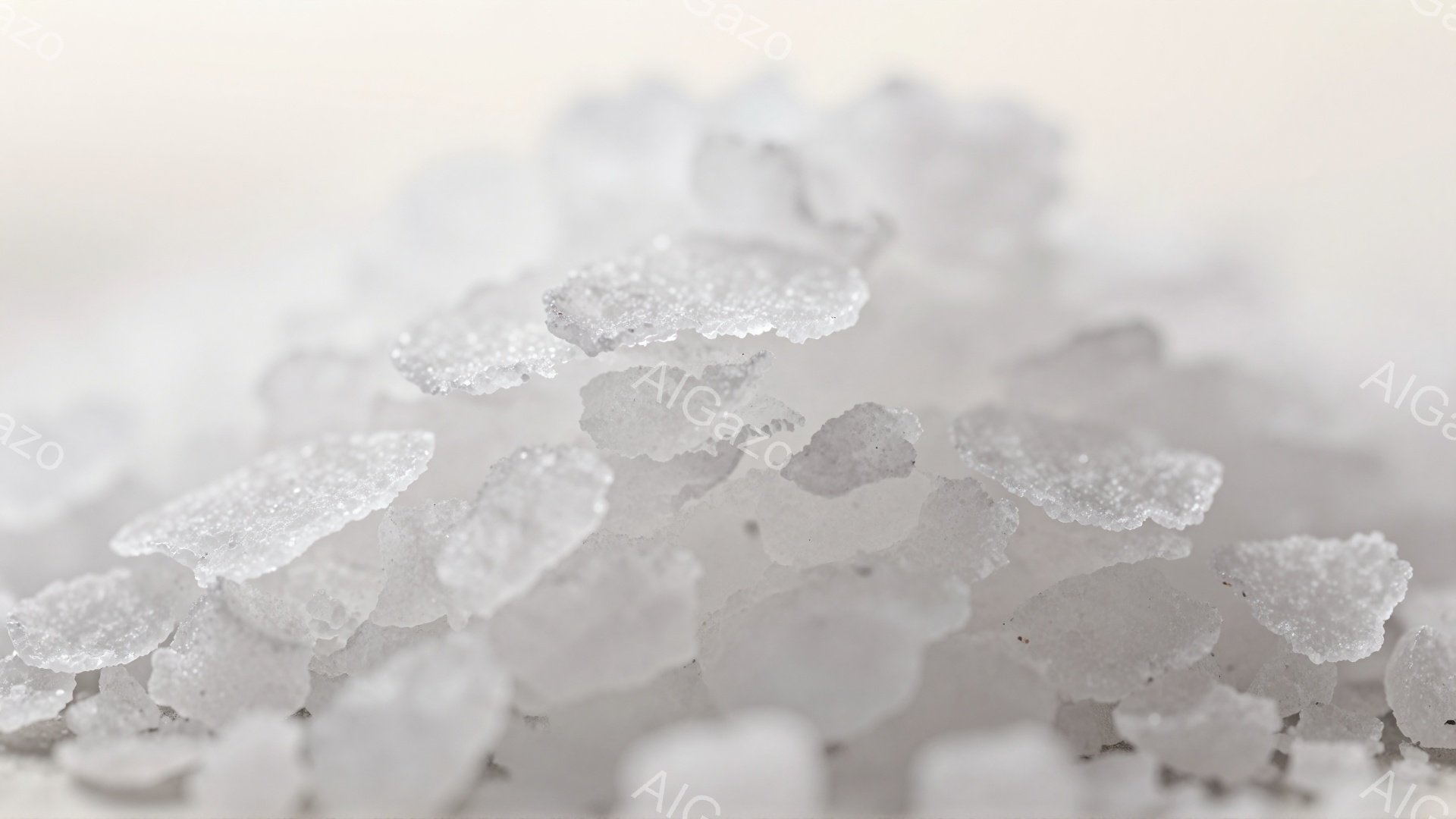 粗塩のような白い結晶が密集して写っている。光が透過し、各結晶のエッジが強調され、まるで雪や霜のような繊細な印象を与える。背景はぼやけており、結晶のテクスチャと形状に焦点が当てられている。 - AI生成フリー素材