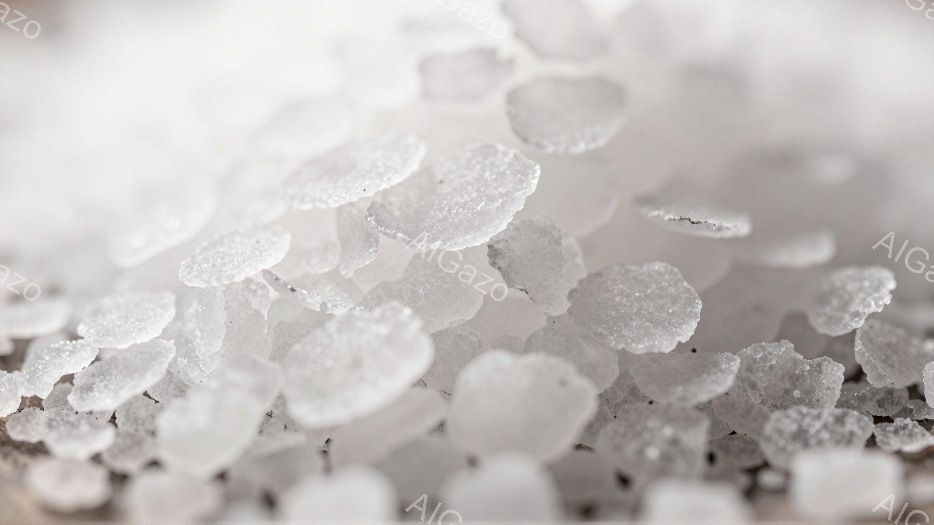 白い粒状の物質が画面全体を覆っており、まるで霜や雪の結晶のように見える。粒は不規則な形をしており、微細な凹凸が確認できるため、何らかの鉱物や塩のような物質である可能性がある。背景はぼやけており、粒子の - AI生成フリー素材