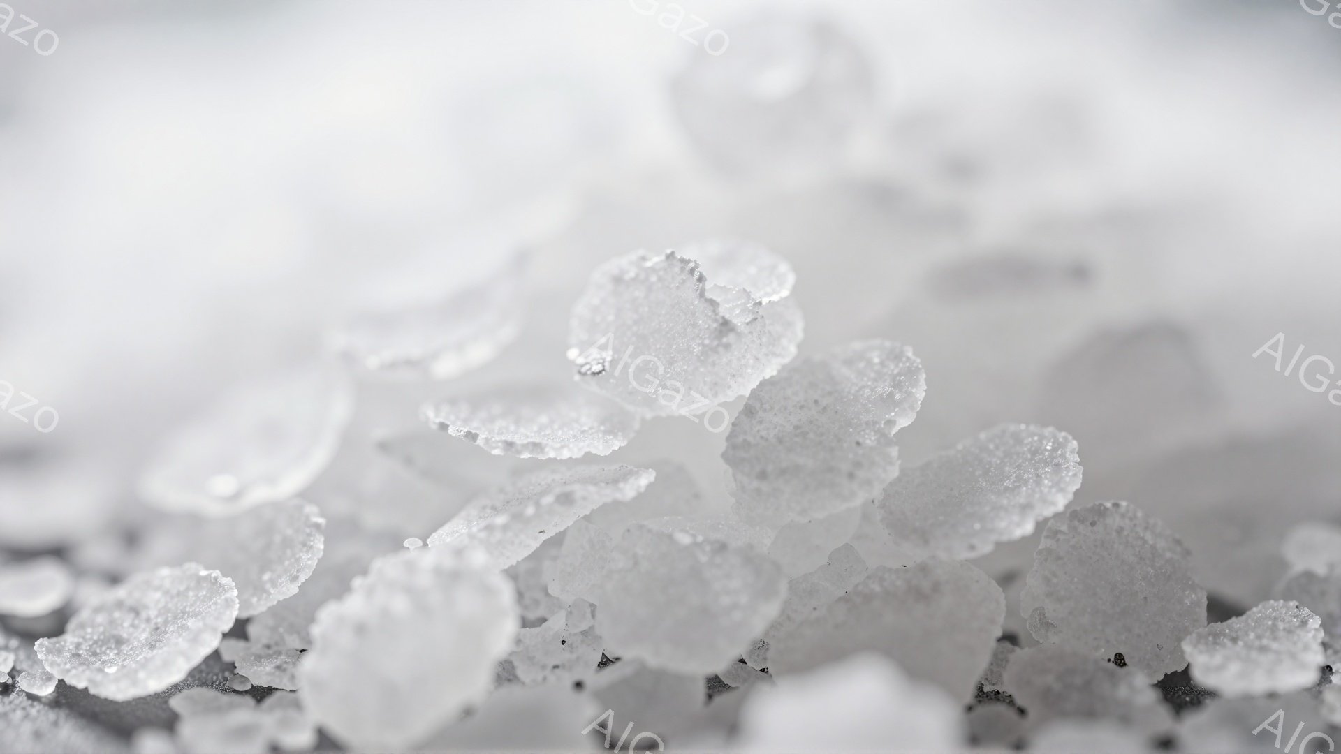 氷の結晶が広範囲に写っており、まるで砂糖のような粒状の氷が白い背景に散らばっているように見える。光が結晶を透過し、微細な構造が強調され、冬の冷たく澄んだ空気感を醸し出している。全体的に白基調で、繊細で - AI生成フリー素材