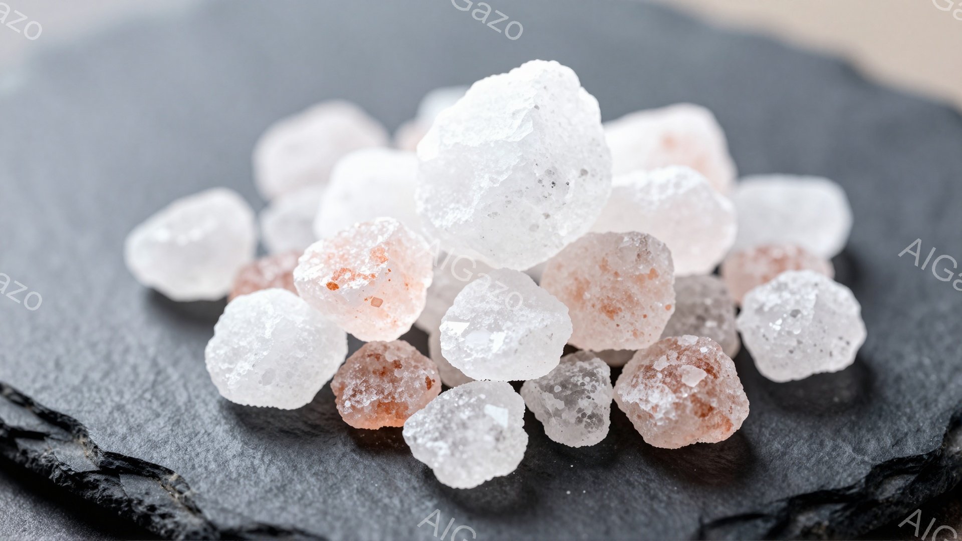 ざらざらとした黒い石板の上に、ピンク色の斑点が入った粗塩の結晶が積み重なっており、全体的に不規則な形をしている。結晶は半透明で光を反射し、所々にピンクのグラデーションが見られる。背景は暗く、塩の白い色とピンク色が際立って見える。