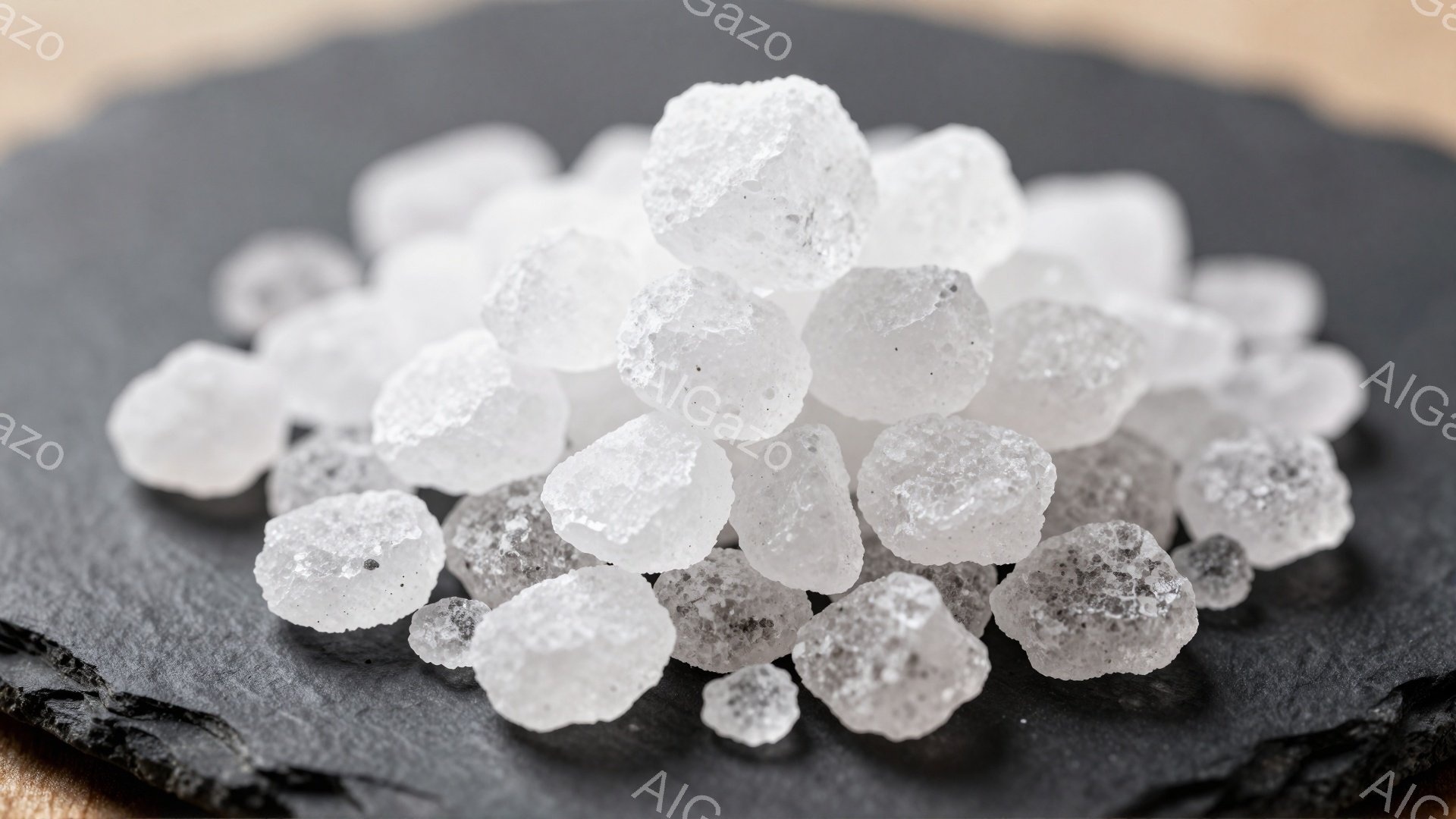 粗塩と思われる白い結晶状の塊が、黒いスレートのような表面に乗せられています。結晶は不規則な形をしており、大きさも様々で、光を反射してキラキラと輝いています。背景はぼやけていますが、スレートのテクスチャ - AI生成フリー素材