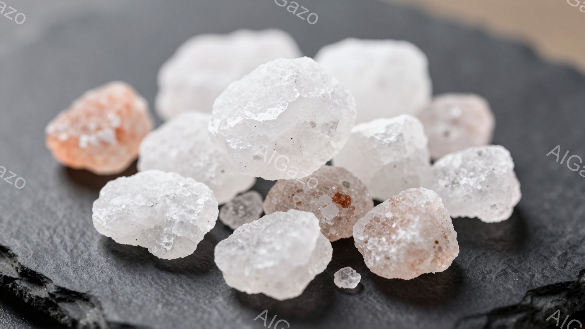 灰色の石板の上に、様々な大きさのピンクと白の岩塩の塊が散らばっている。塩の結晶は不規則な形をしており、光を反射して輝いている。背景はぼやけていて、塩のテクスチャと色が際立っている。