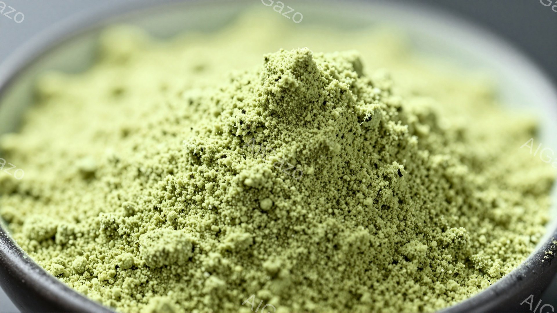 抹茶のような、細かい緑色の粉末が、黒い器の中に山のように積まれています。粉末の粒子は非常に細かく、まるで微細な砂のような質感に見えます。背景は暗く、抹茶の鮮やかな緑色が際立っています。