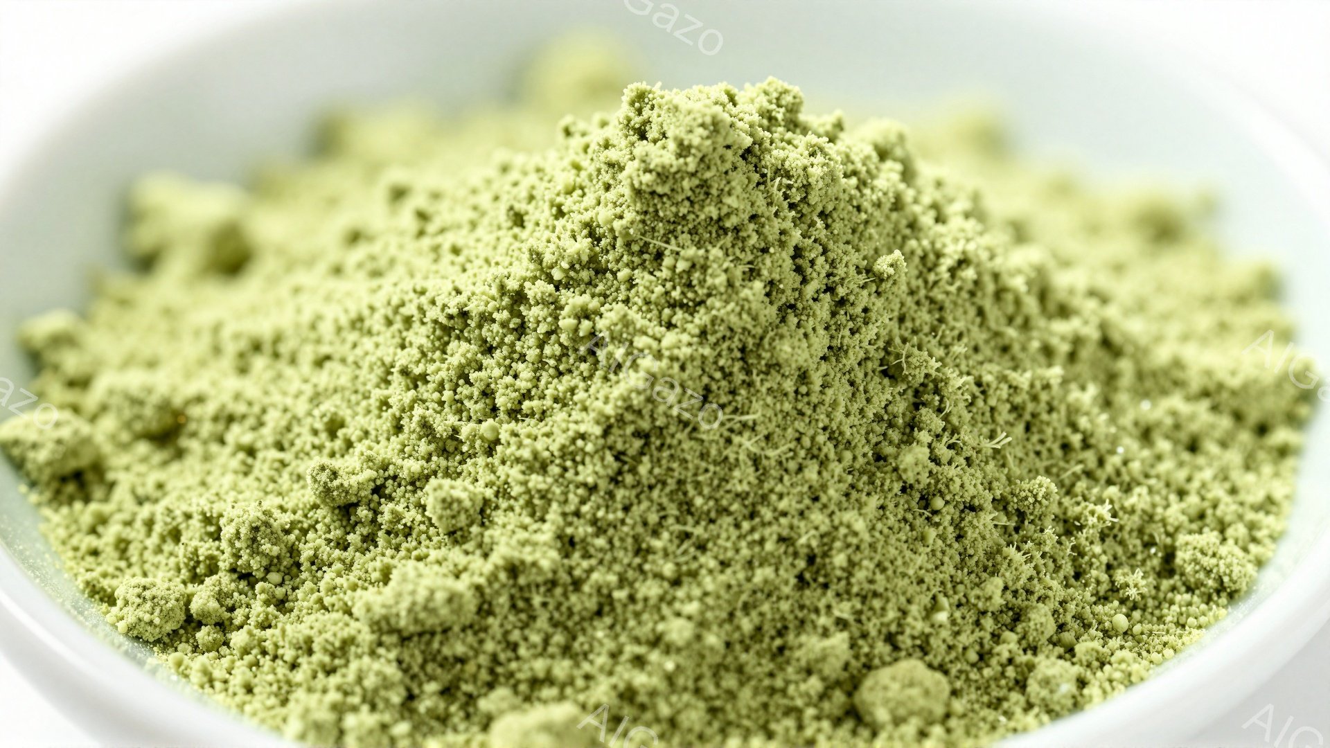 白い容器に、細かく砕かれた緑色のパウダーが山積みに盛られています。パウダーは抹茶のような色合いで、きめ細かく、まるで微粉末の緑茶のようです。容器の白い背景が、パウダーの鮮やかな緑色を際立たせています。