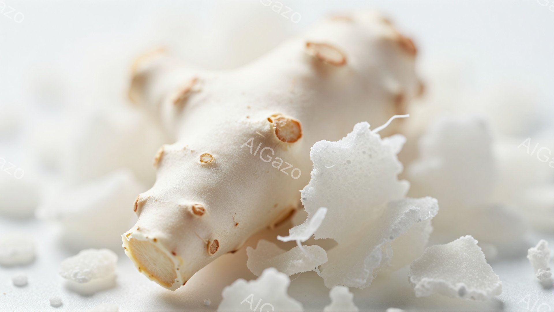 白い背景に、根菜のようなものが写っている。表面には小さな突起があり、一部が割れて白い破片が散らばっている。全体的に淡い色調で、自然の素材の質感と脆弱さを強調している。