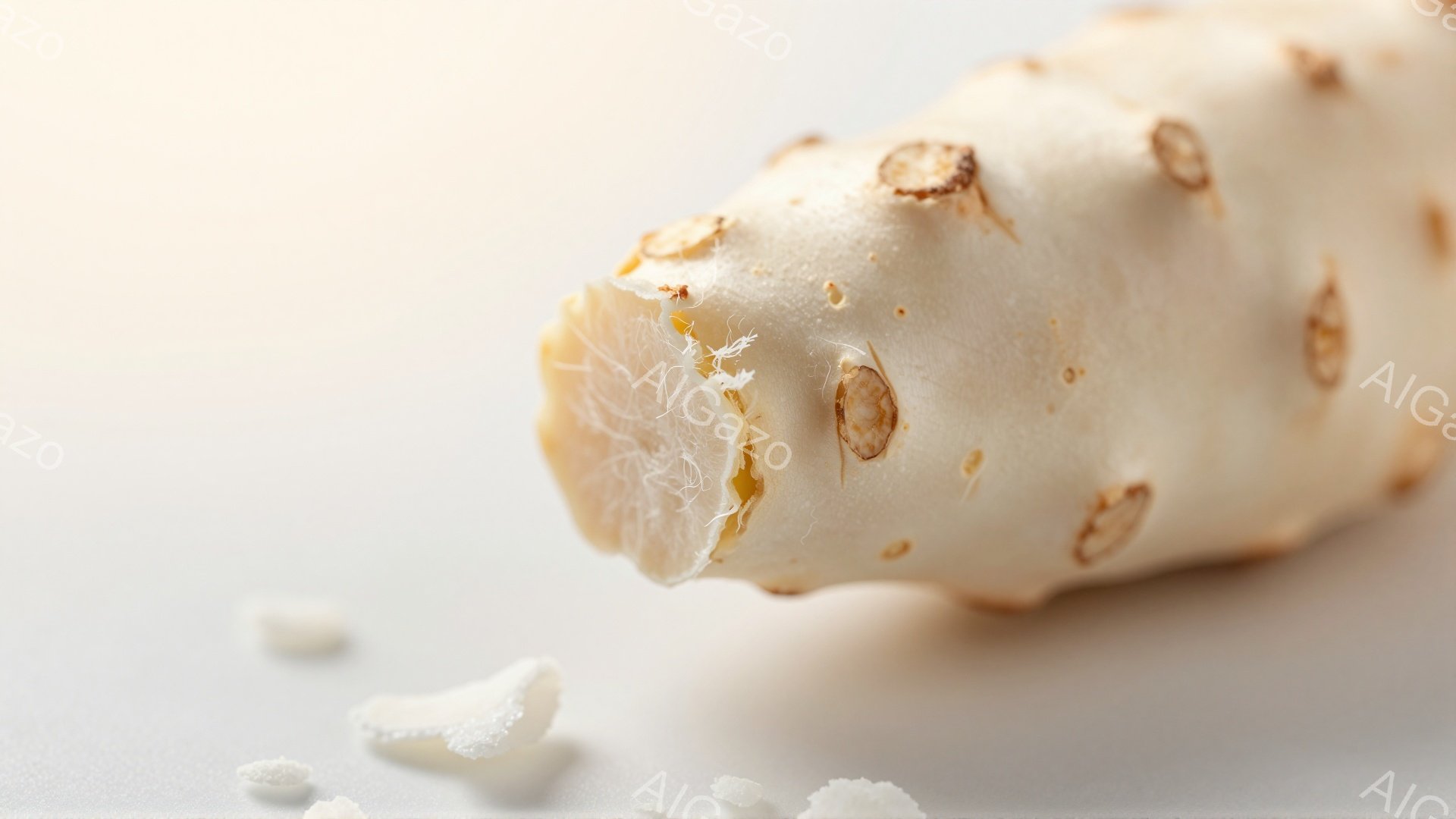 白いレンコンの断面がクローズアップで写っている。根菜特有の穴がいくつか見られ、一部が剥がれて繊維状のものが付着している。背景は白く、ライティングによってレンコンの質感が際立っている。