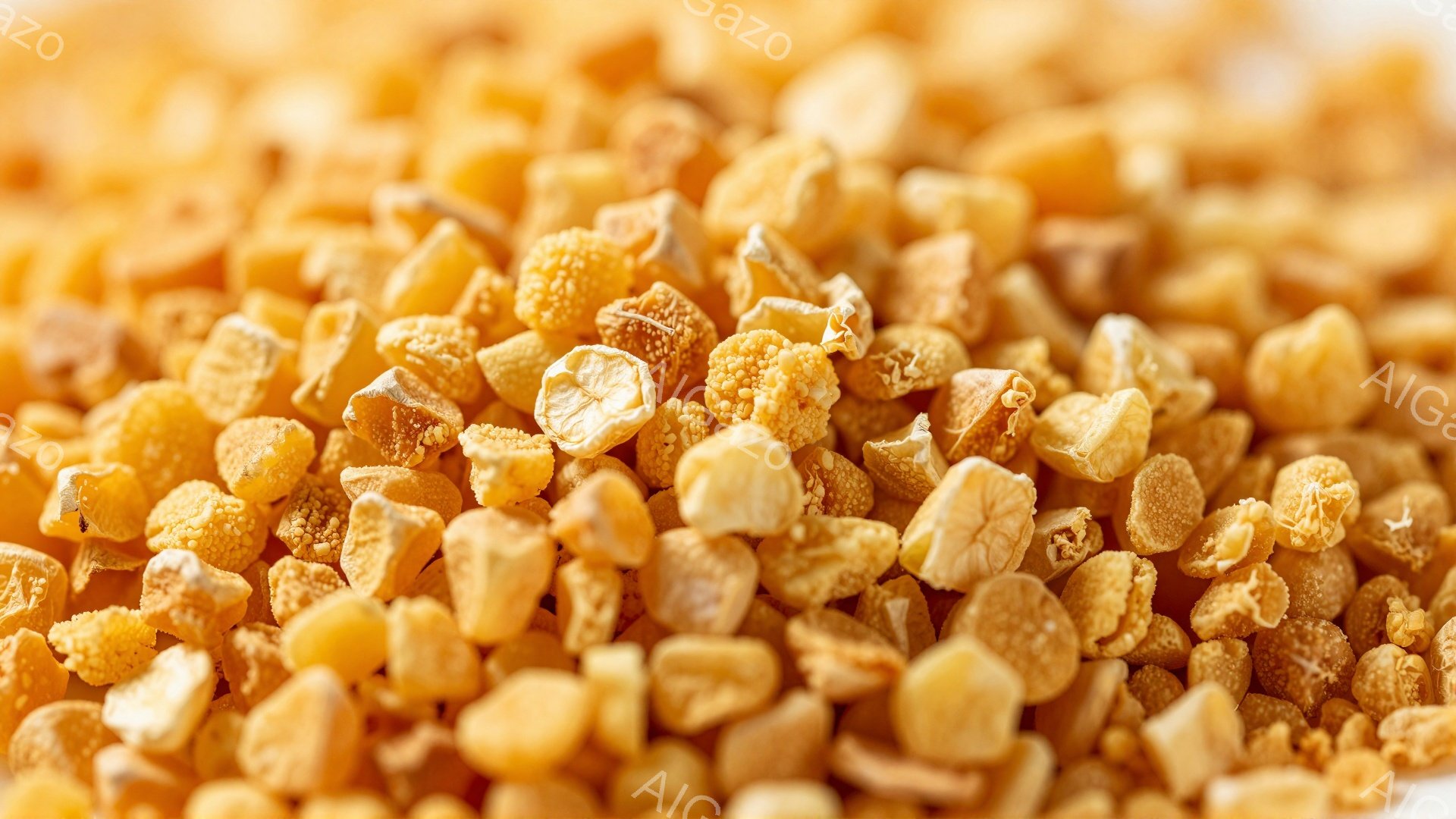 画像は、小さくて不規則な形状の黄色い粒子で埋め尽くされています。それらは蜜蝋のような質感で、表面に小さな凹凸があり、全体としてざらざらとした印象を与えます。光沢はなく、マットな質感で、背景は白くぼやけており、粒子が主な焦点となっています。