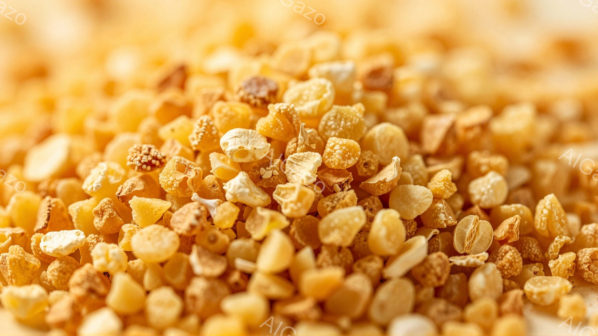 画像は、様々な形状と大きさの茶色と黄色の粒状物質が密集して写っているクローズアップ写真です。粒々は丸いもの、細長いもの、不規則な形のものなどがあり、表面に細かい凹凸が見られます。全体的に温かみのある色 - AI生成フリー素材