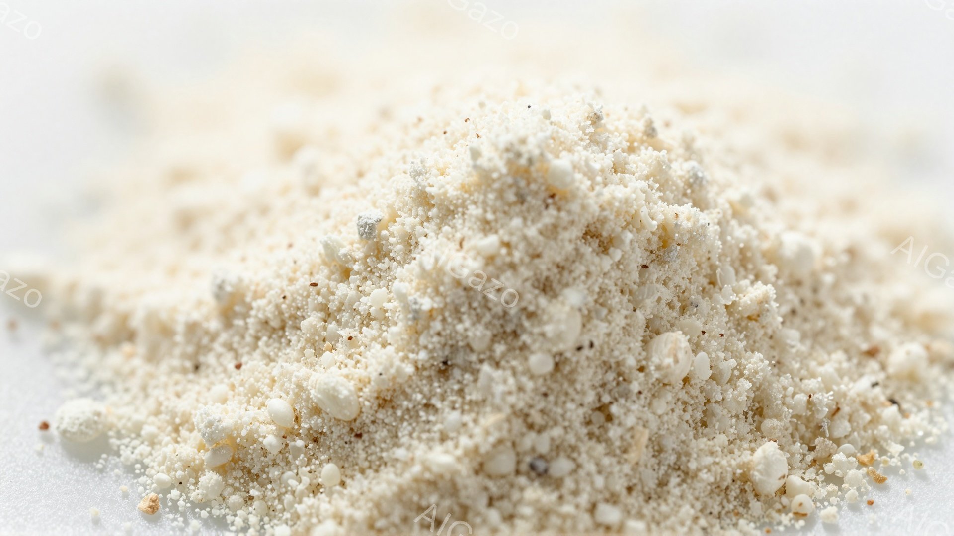 白い背景の上に、細かく砕かれた様々な穀物や種子、スパイスの混合物が山積みになっています。色はオフホワイト、ベージュ、そして茶色の粒が混ざり合い、テクスチャはざらざらとしていて、粉っぽい印象を与えます。 - AI生成フリー素材