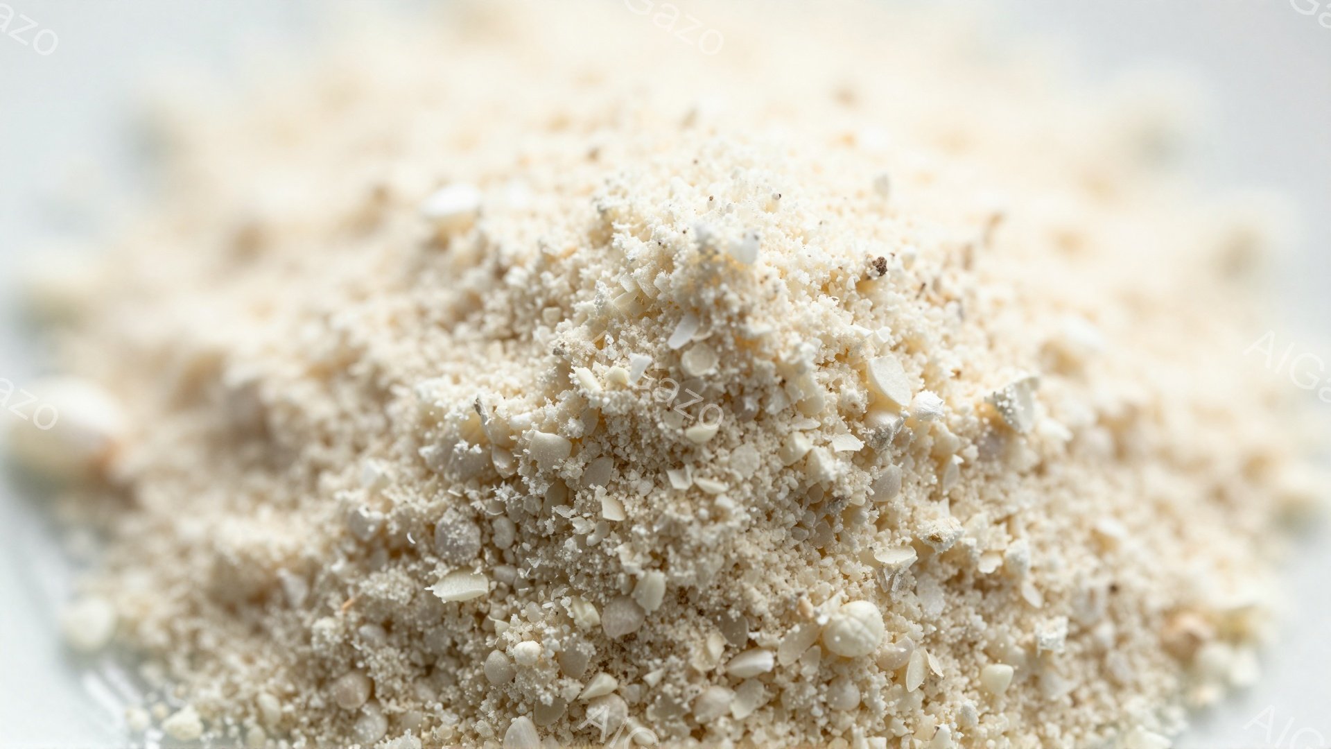 粗く砕いた白い粉状の物質が画面全体を覆っており、所々に小さな茶色い粒が見られます。それはパン粉のような質感で、細かく砕かれた乾燥した食材のようです。背景は白く、物質の質感と色合いを際立たせています。 - AI生成フリー素材
