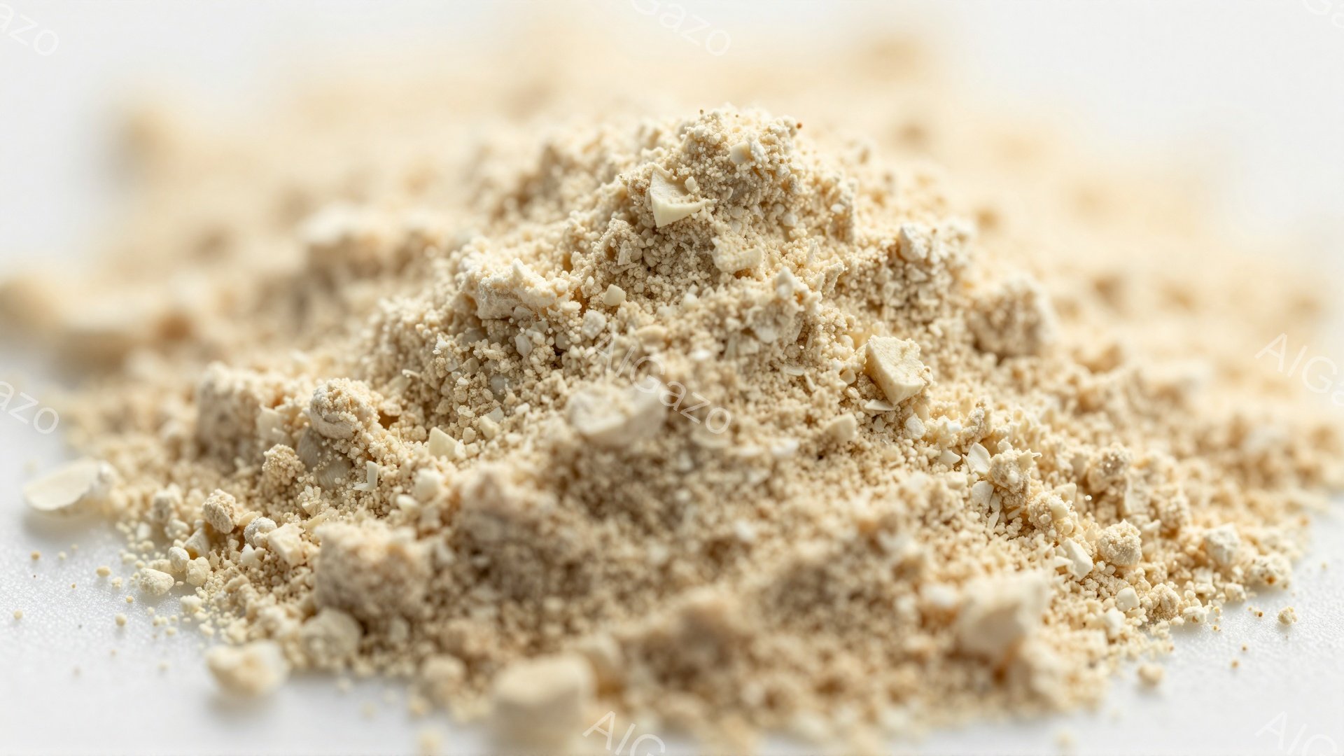 白い背景の上に、茶色と白が混ざった粉状の物質が山積みに広がっている。細かい粒子と、いくつか小さな角張った破片が混ざり合い、テクスチャが特徴的だ。全体的に乾燥した、土のようなまたは粉末状の食品のような印 - AI生成フリー素材