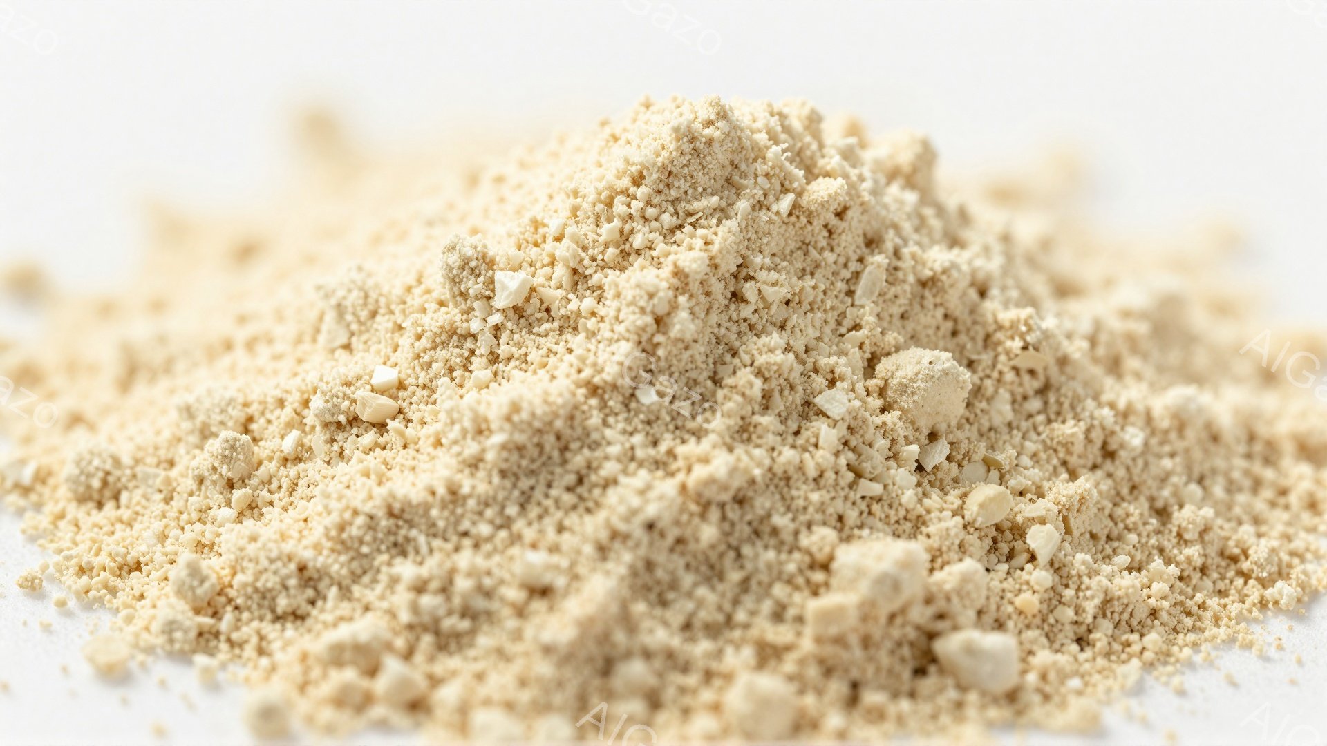 画像は、ベージュ色の細かい粒状の物質が白い背景に山積になったクローズアップです。粒は均一ではなく、わずかに異なる色合いと大きさが混ざり合っています。全体的に、シンプルなテクスチャと控えめな色彩が特徴です。